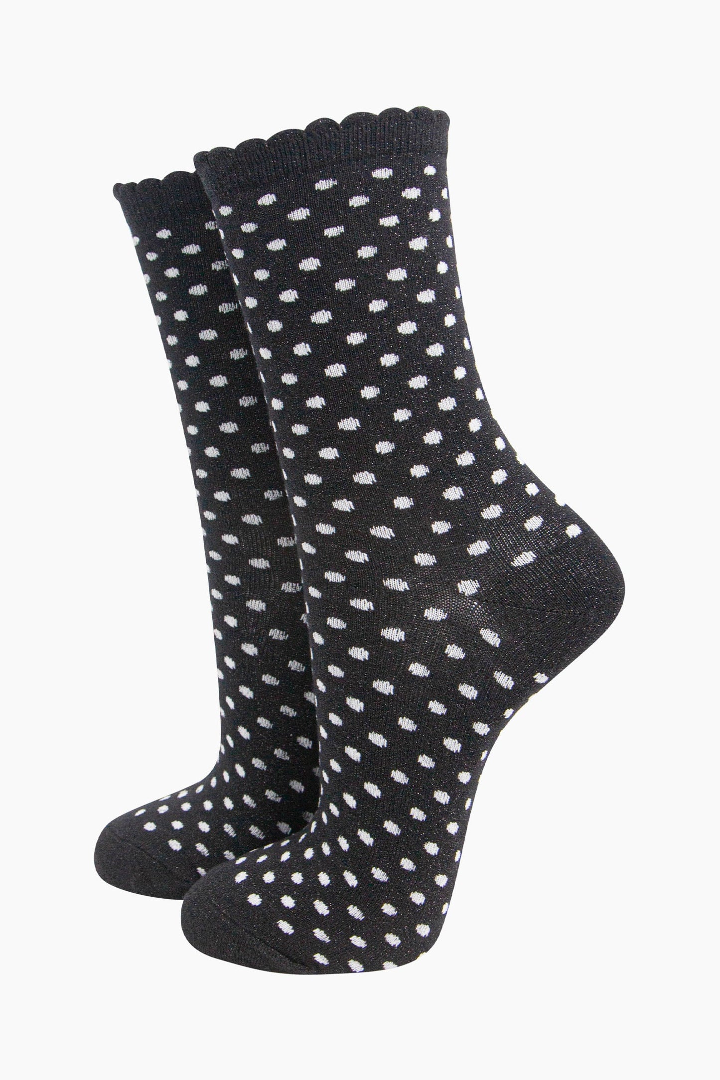 womens-glitter-socks-black-white-polka-dots-scalloped-cuffs-sparkly