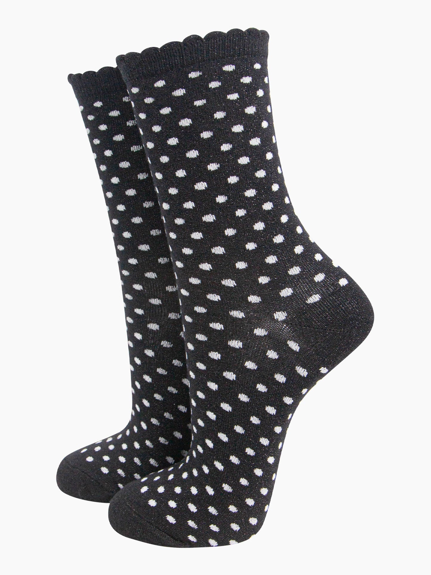 womens-glitter-socks-black-white-polka-dots-scalloped-cuffs-sparkly