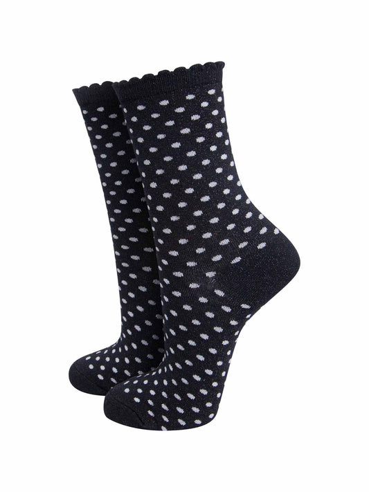 womens-glitter-socks-black-white-polka-dots-scalloped-cuffs-sparkly