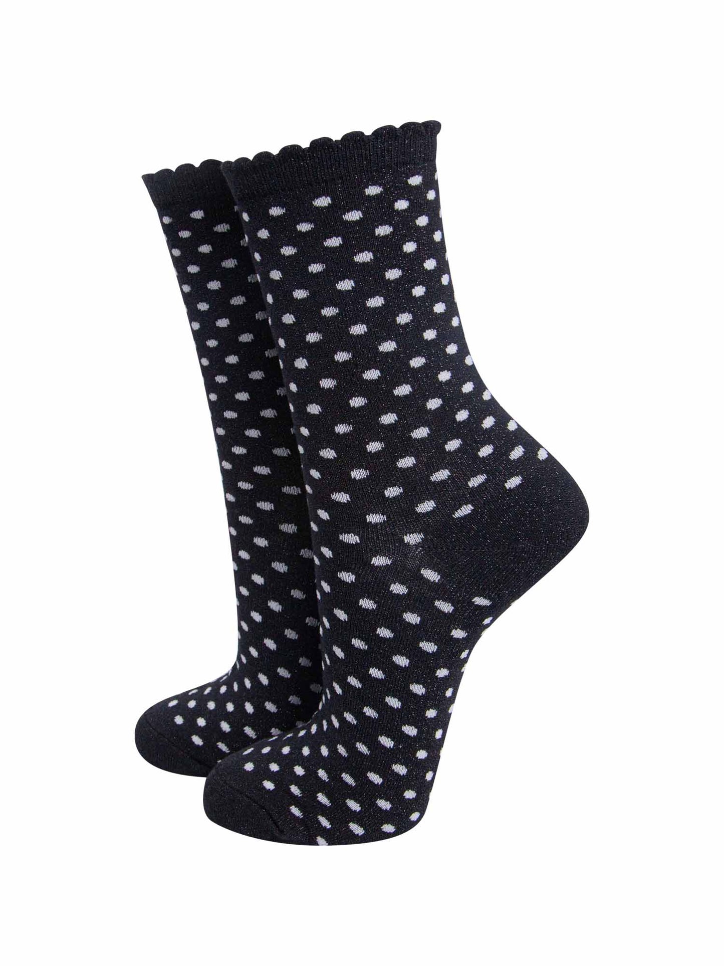 womens-glitter-socks-black-white-polka-dots-scalloped-cuffs-sparkly