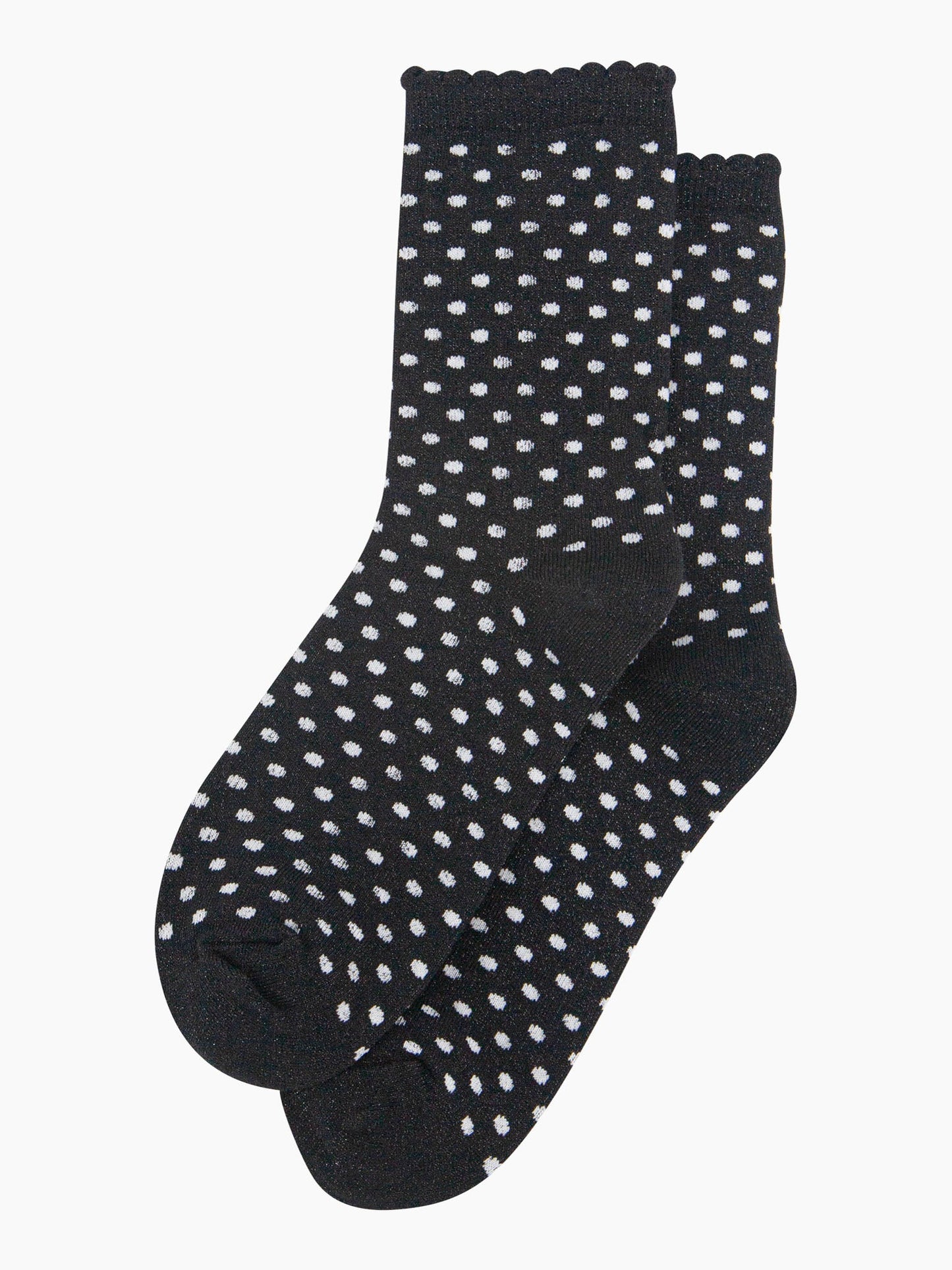 womens-glitter-socks-black-white-polka-dots-laying-flat-sparkly-spotted-pattern