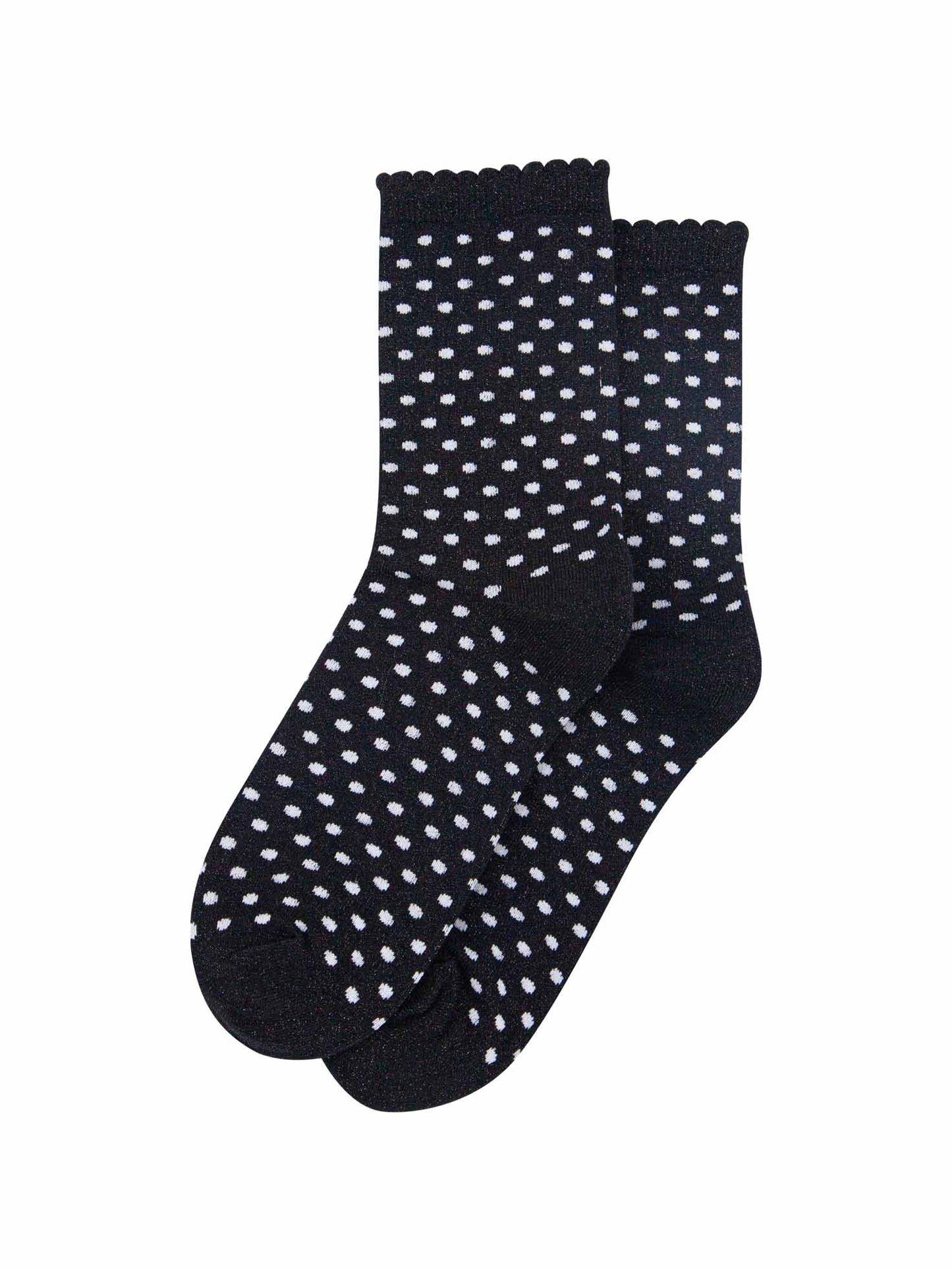 womens-glitter-socks-black-white-polka-dots-laying-flat-sparkly-spotted-pattern