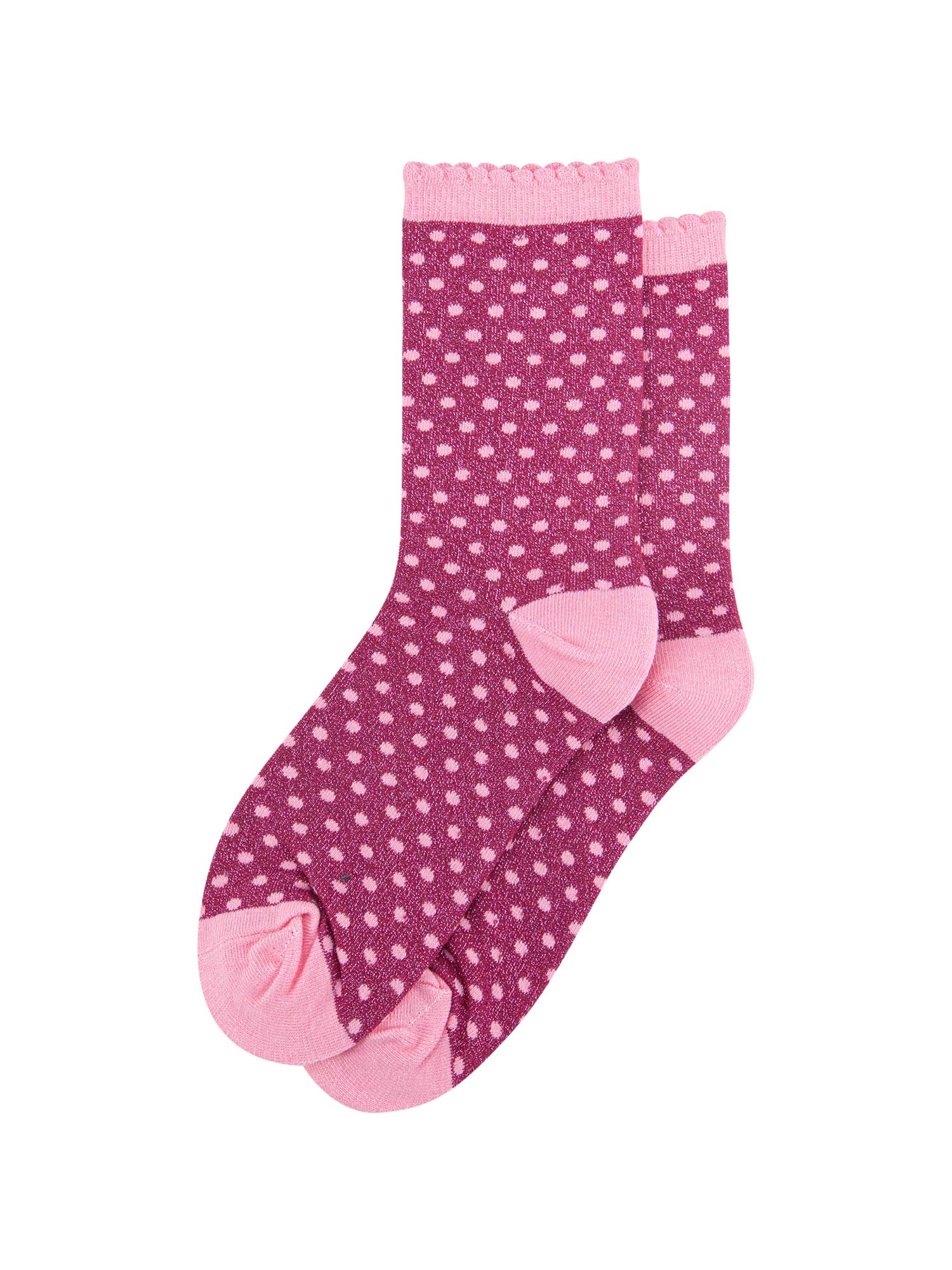 showing the sparkly glitter socks laying flat, the small pink polka dot pattern is all over the sock as is the glitter sparkle