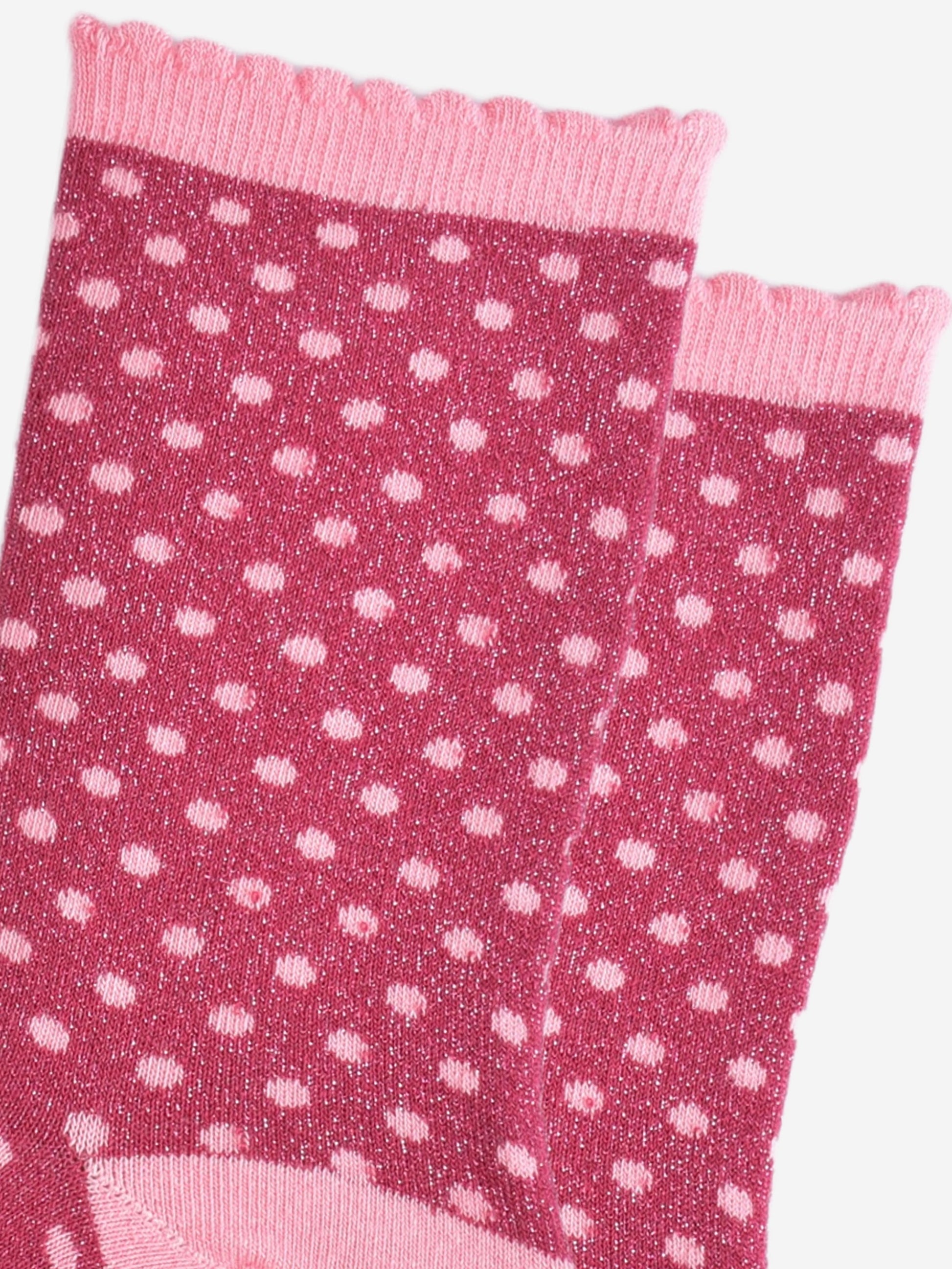 close up of the small polka dot print pattern and all over silver sparkle on the ankle socks