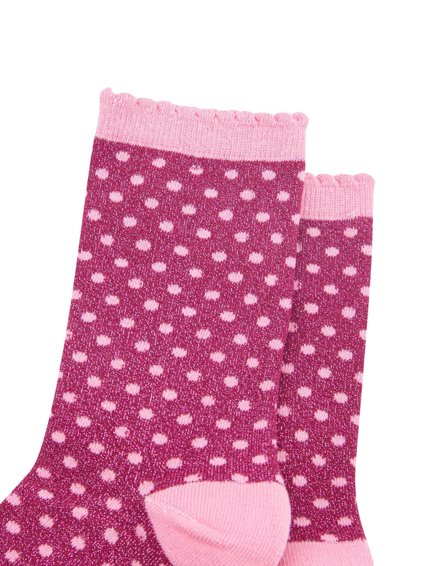 close up of the small polka dot print pattern and all over silver sparkle on the ankle socks