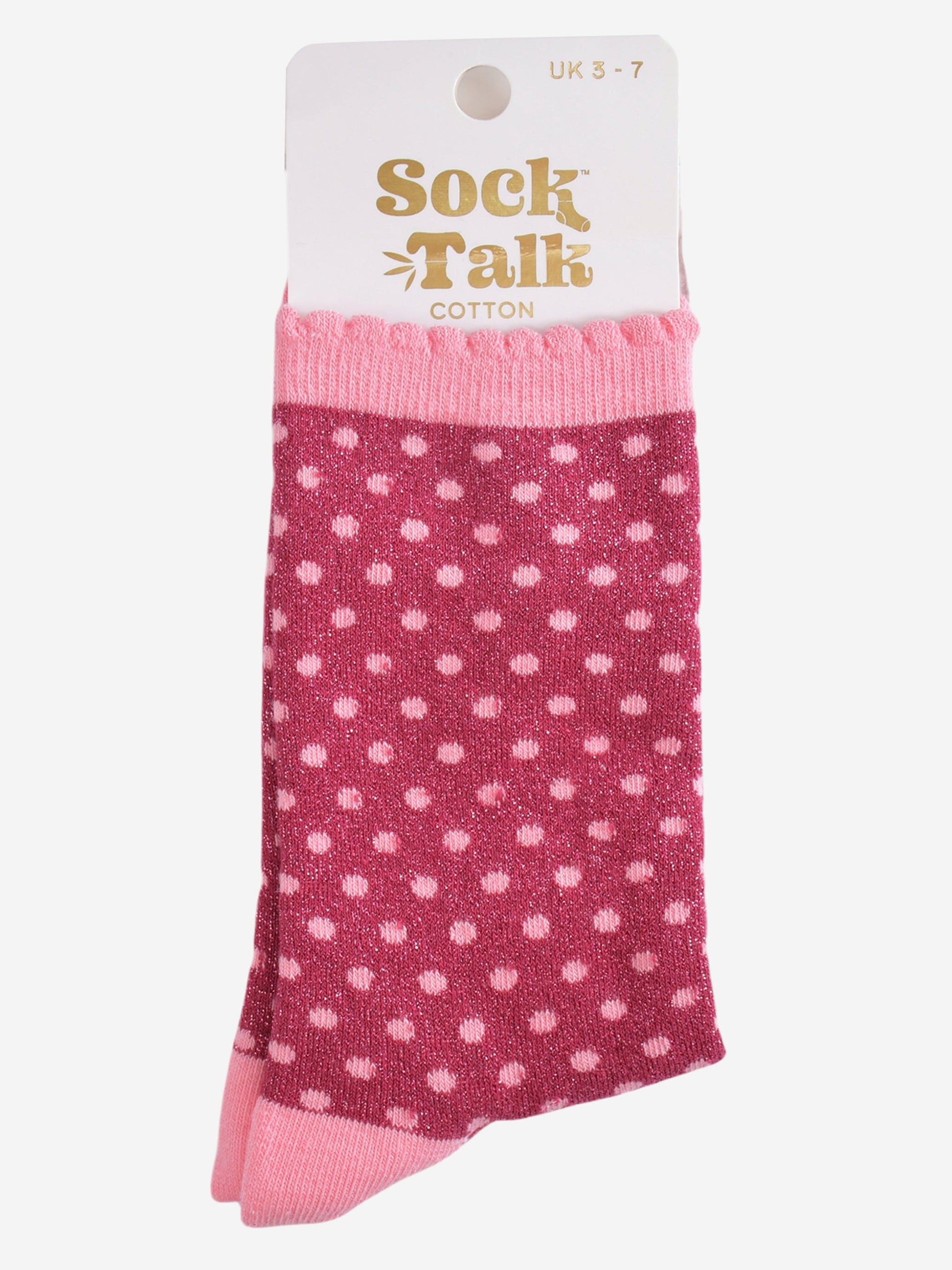 berry and small pink polka dot glitter socks in their sock talk packaging, these socks are a uk size 3-7