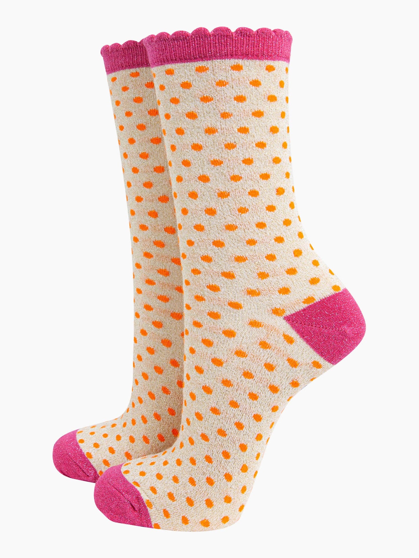 womens-glitter-socks-cream-hot-pink-polka-dots-sparkly-frilly-scalloped-cuff