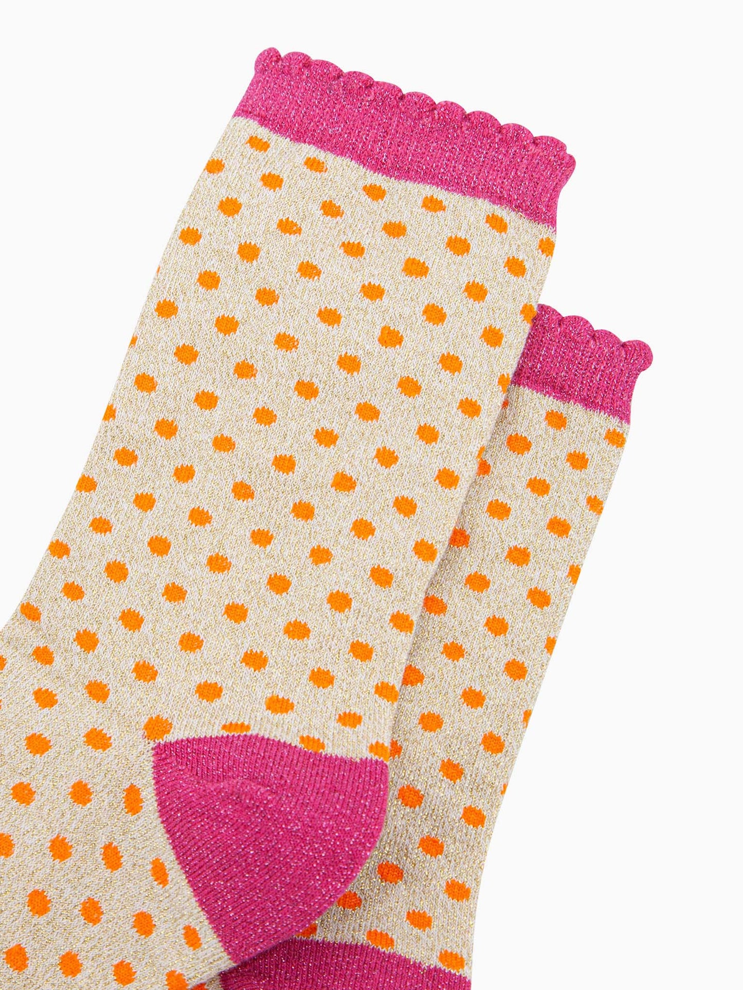 womens-glitter-socks-cream-hot-pink-polka-dots-close-up-sparkly-material-spots-scalloped-cuff-cotton