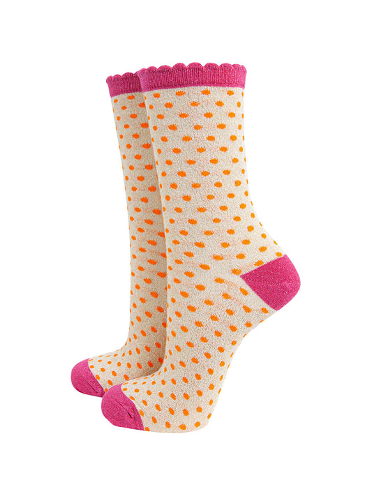 womens-glitter-socks-cream-hot-pink-polka-dots-sparkly-frilly-scalloped-cuff