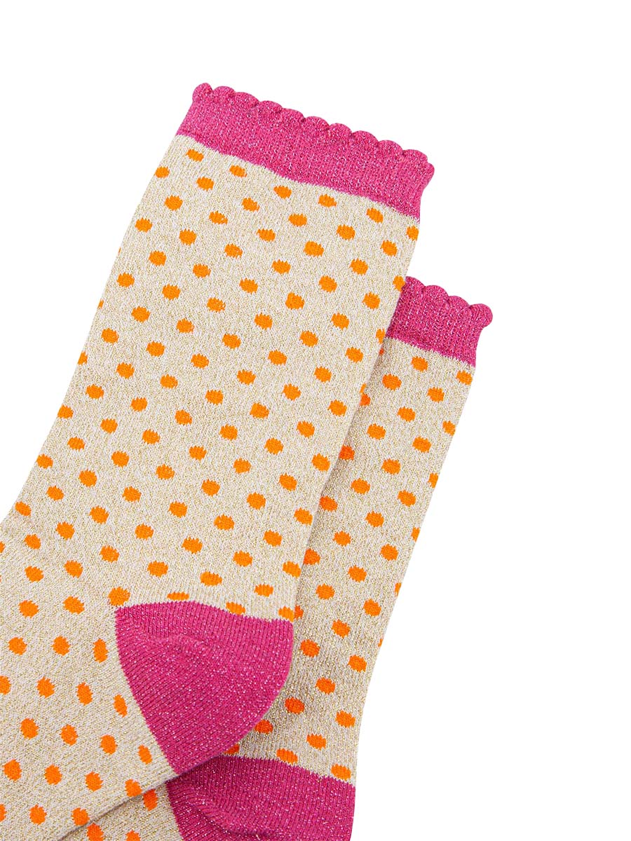 womens-glitter-socks-cream-hot-pink-polka-dots-close-up-sparkly-material-spots-scalloped-cuff-cotton
