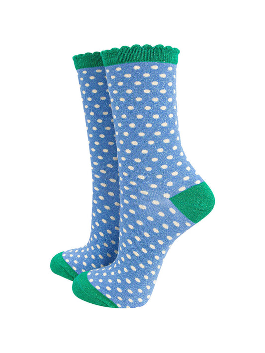 womens-glitter-socks-denim-blue-green-polka-dots-white-spots-green-heel-toe-cuff-sparkly
