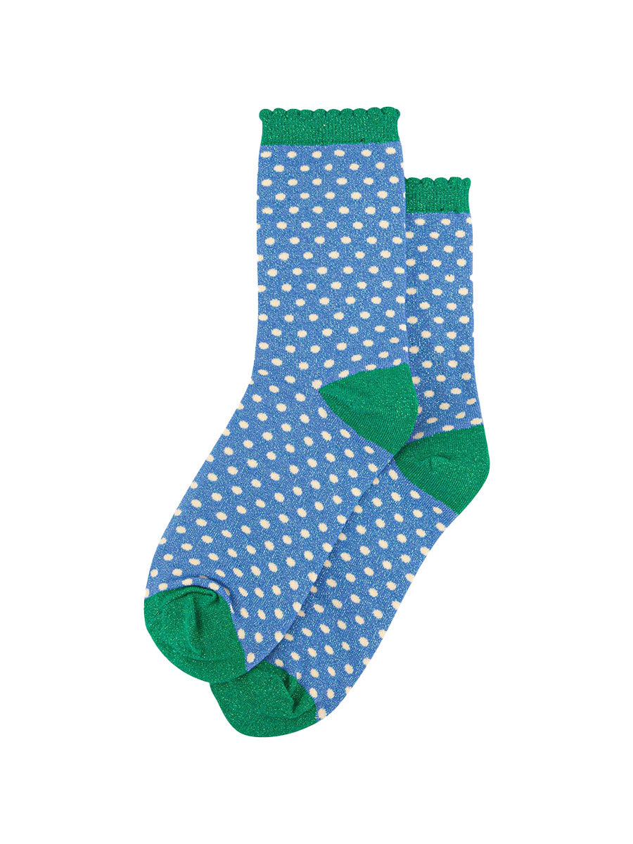 womens-glitter-socks-denim-blue-green-polka-dots-laying-flat-sparkly-material-scalloped-frilly-cuffs