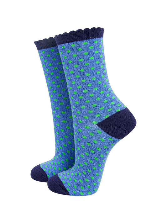blue glitter ankle socks with mini green polka dot spots and a navy blue scalloped top