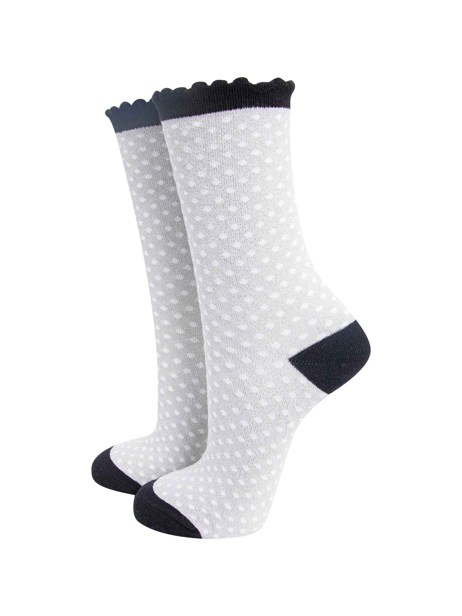 light grey ankle socks with black heel, toe and scalloped trim with an all over sparkly shimmer