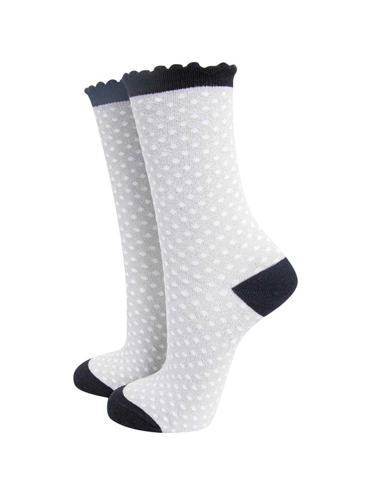 light grey ankle socks with black heel, toe and scalloped trim with an all over sparkly shimmer
