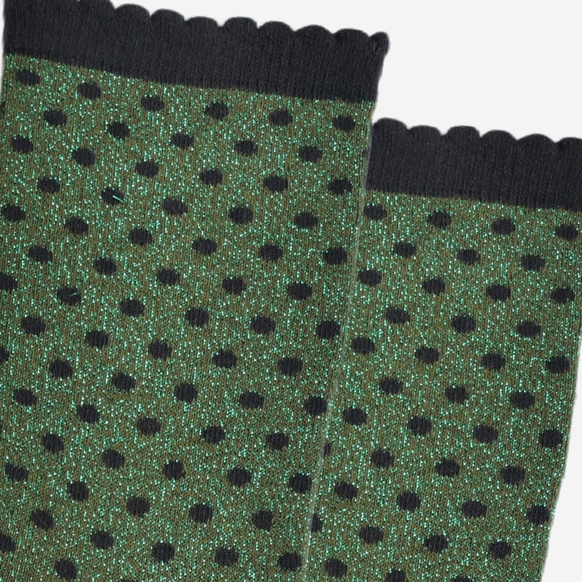 close up of the sparkly polka dot socks, showing the all over shimmer
