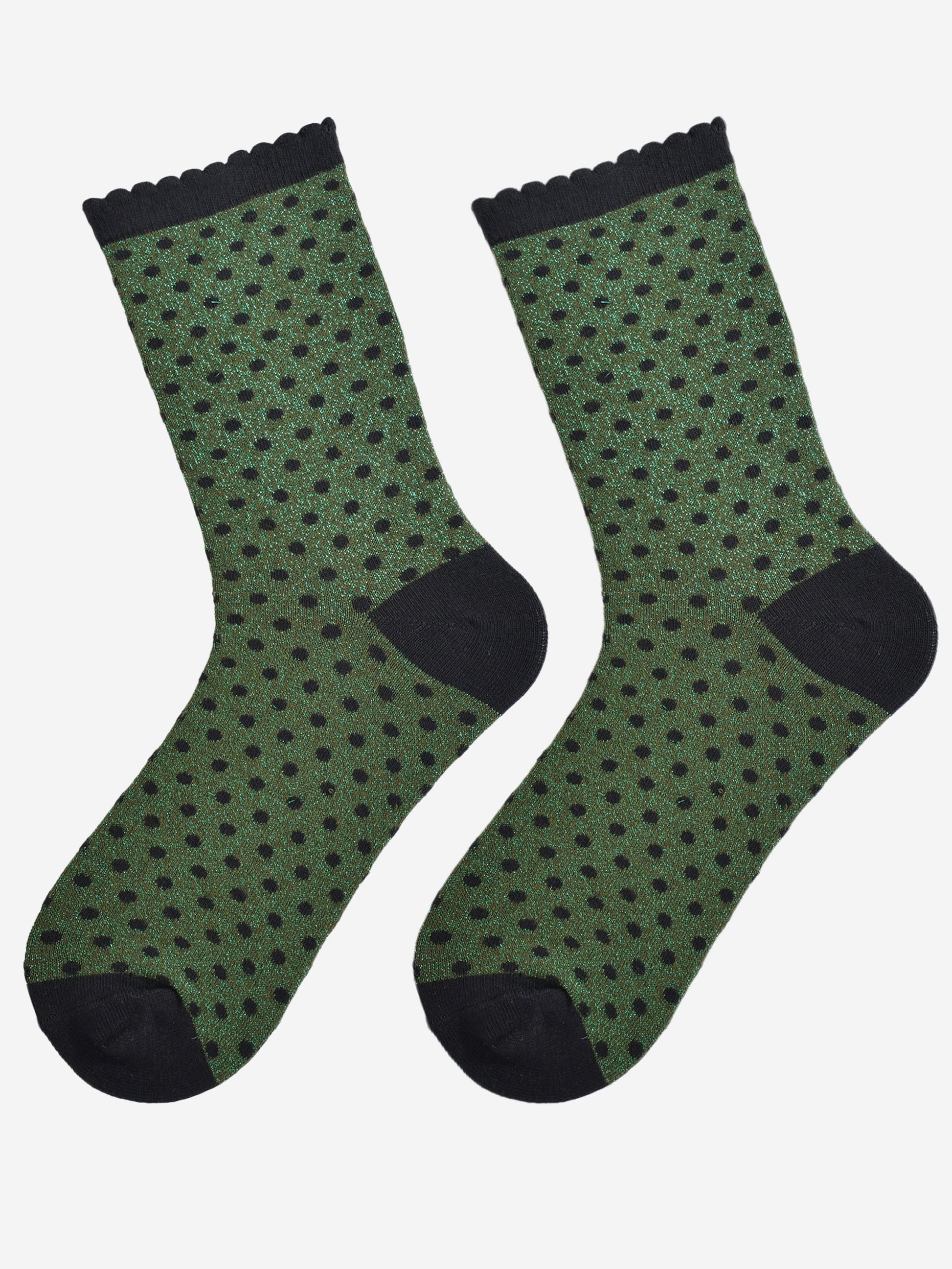 khaki green and black polka dot socks laying flat, showing the all over glitter sparkle