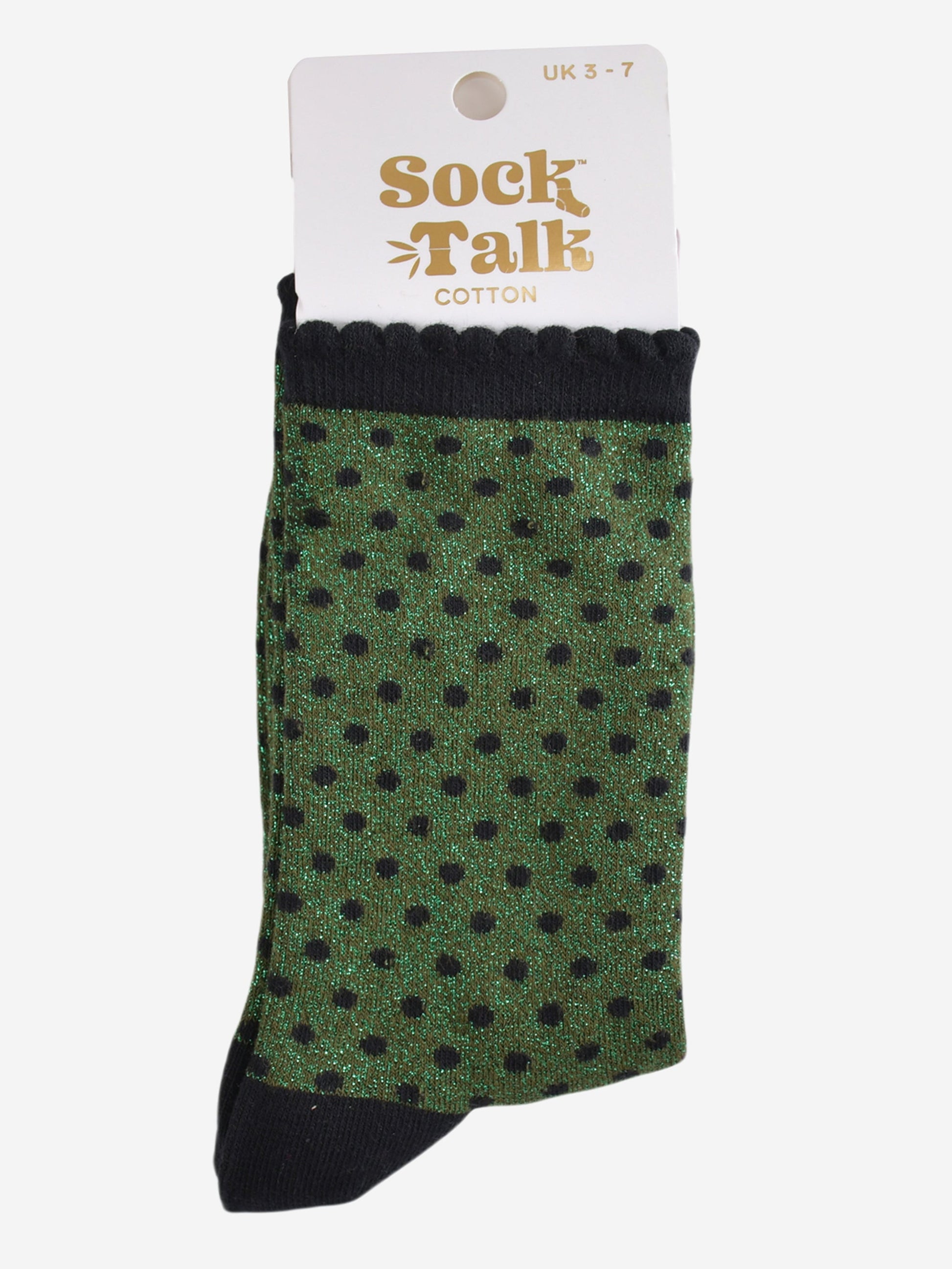 khaki green and black polka dot glitter socks in their sock talk packaging, the socks are a uk size 3-7