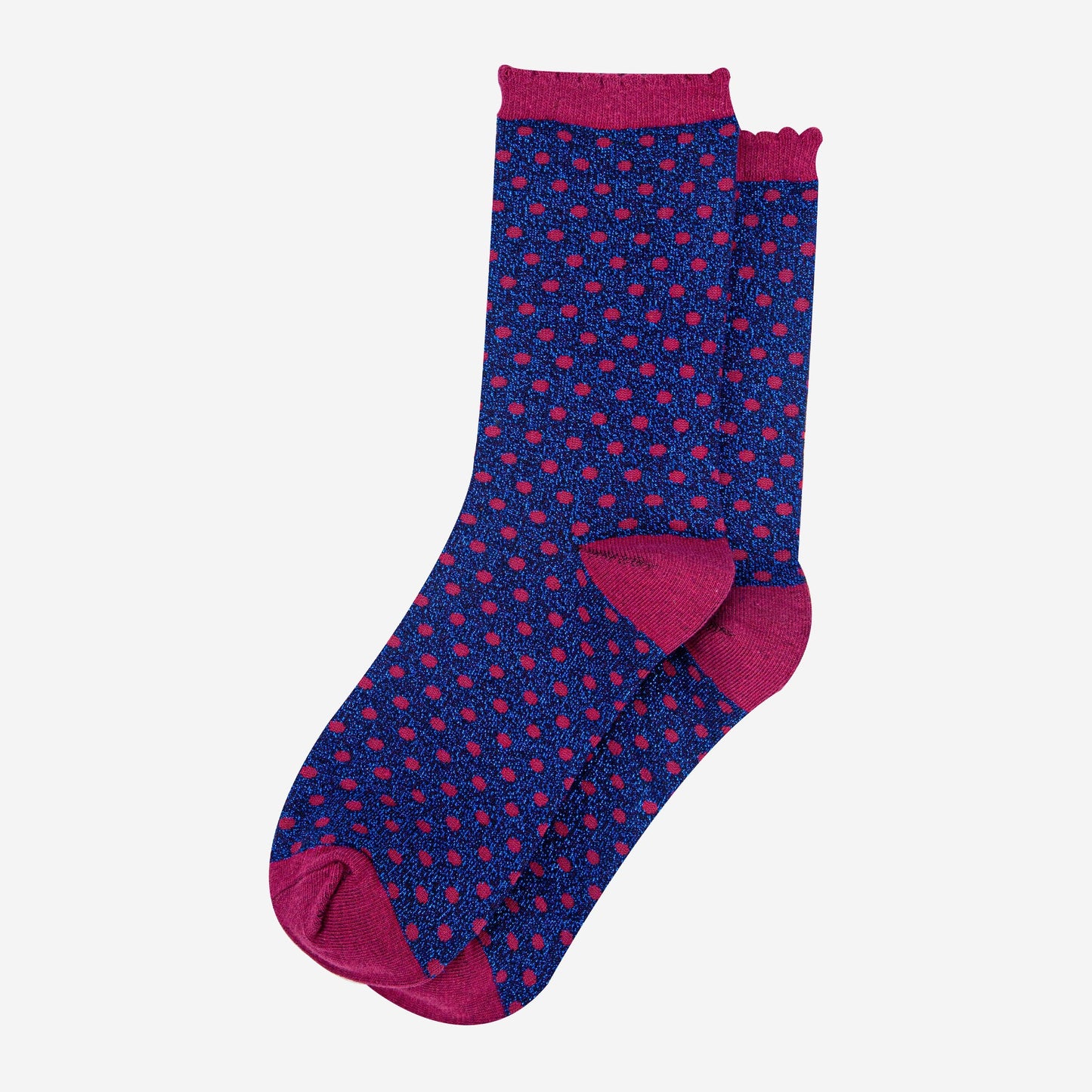 womens-navy-blue-berry-polka-dots-glitter-socks-laying-flat
