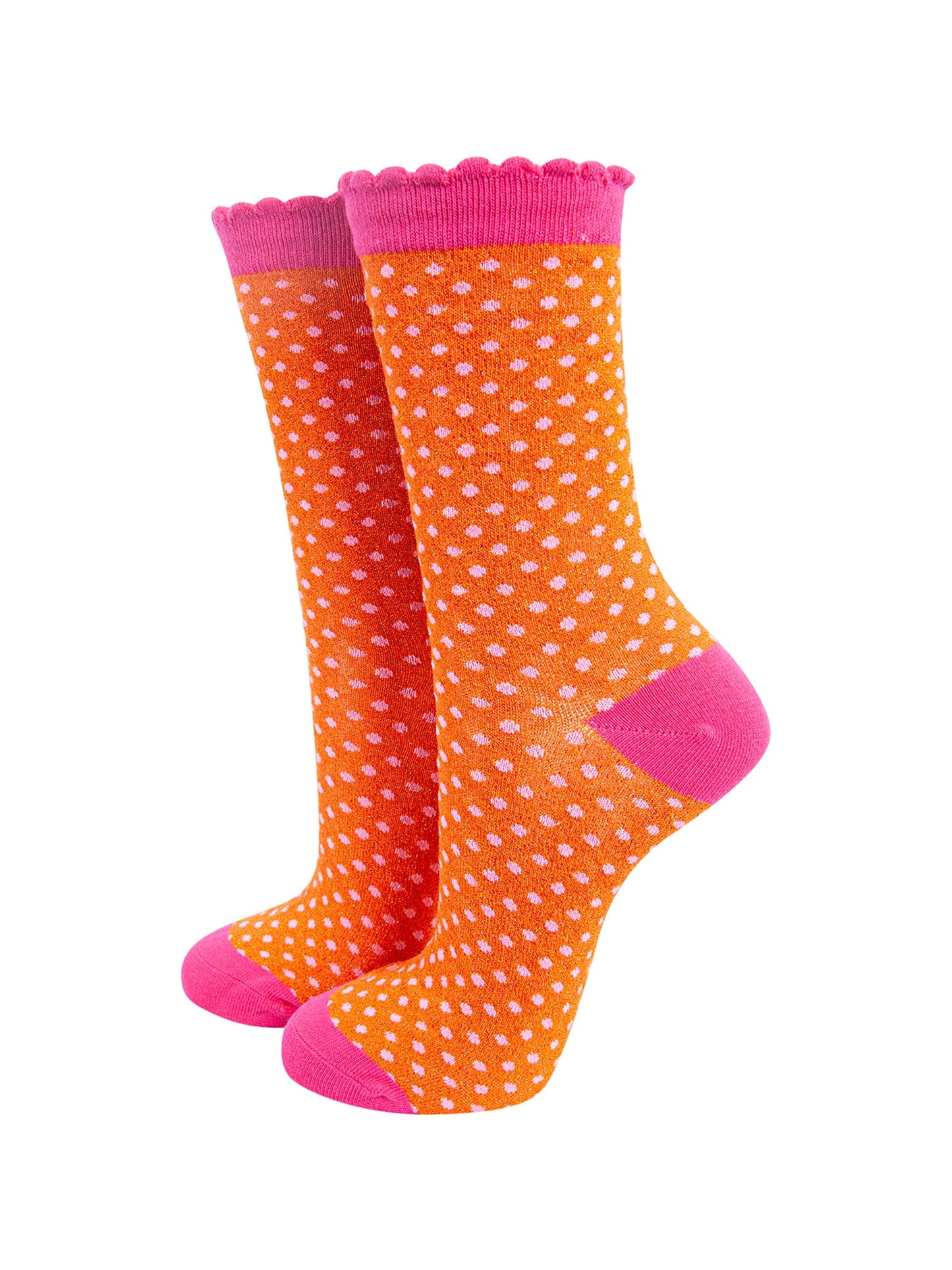 Polka-Dots-Combed-Cotton-Glitter-Socks-in-Orange-Hot-Pink-mannequin