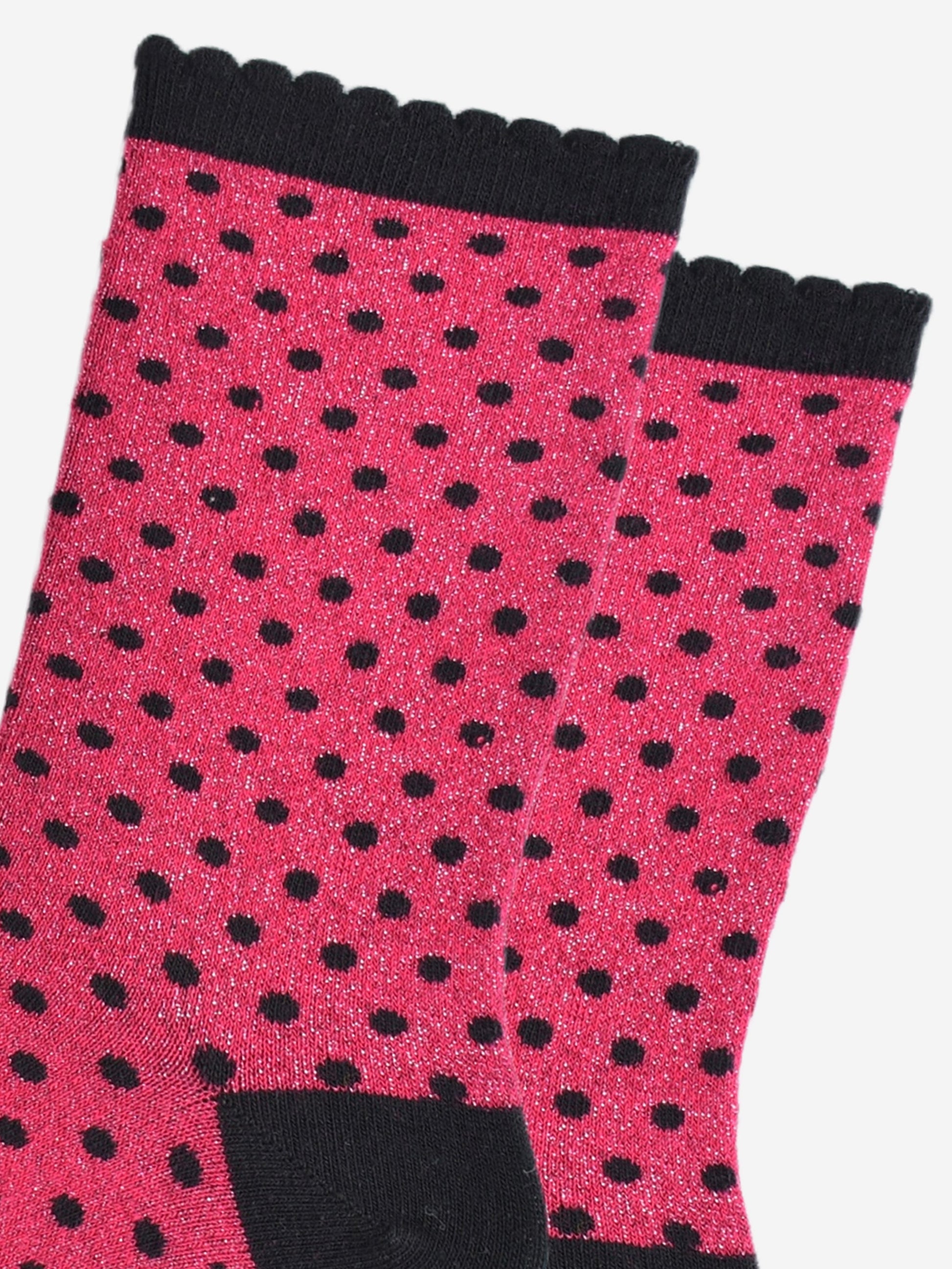 close up of the sparkly polka dot socks, showing the all over shimmer