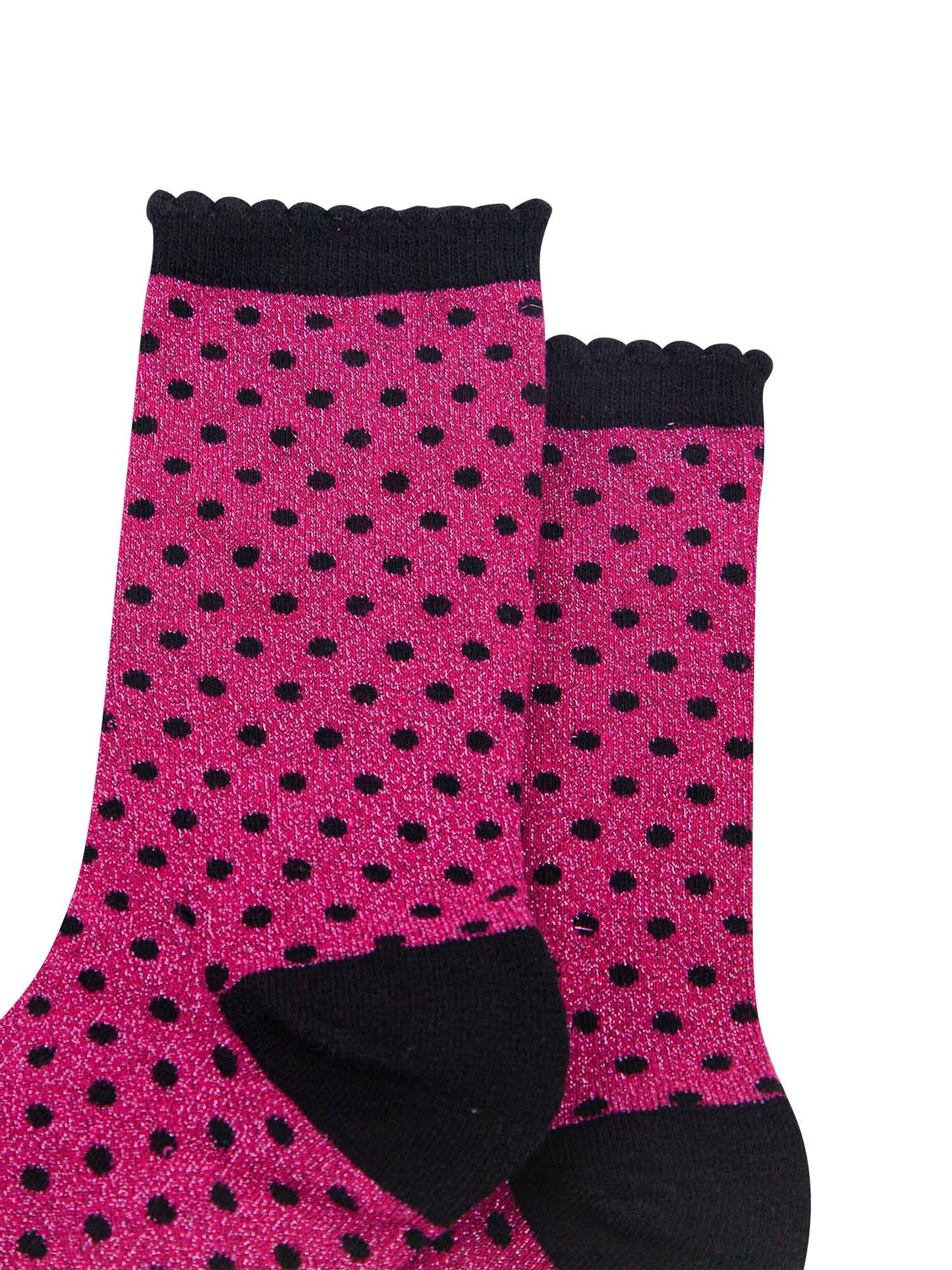 close up of the sparkly polka dot socks, showing the all over shimmer