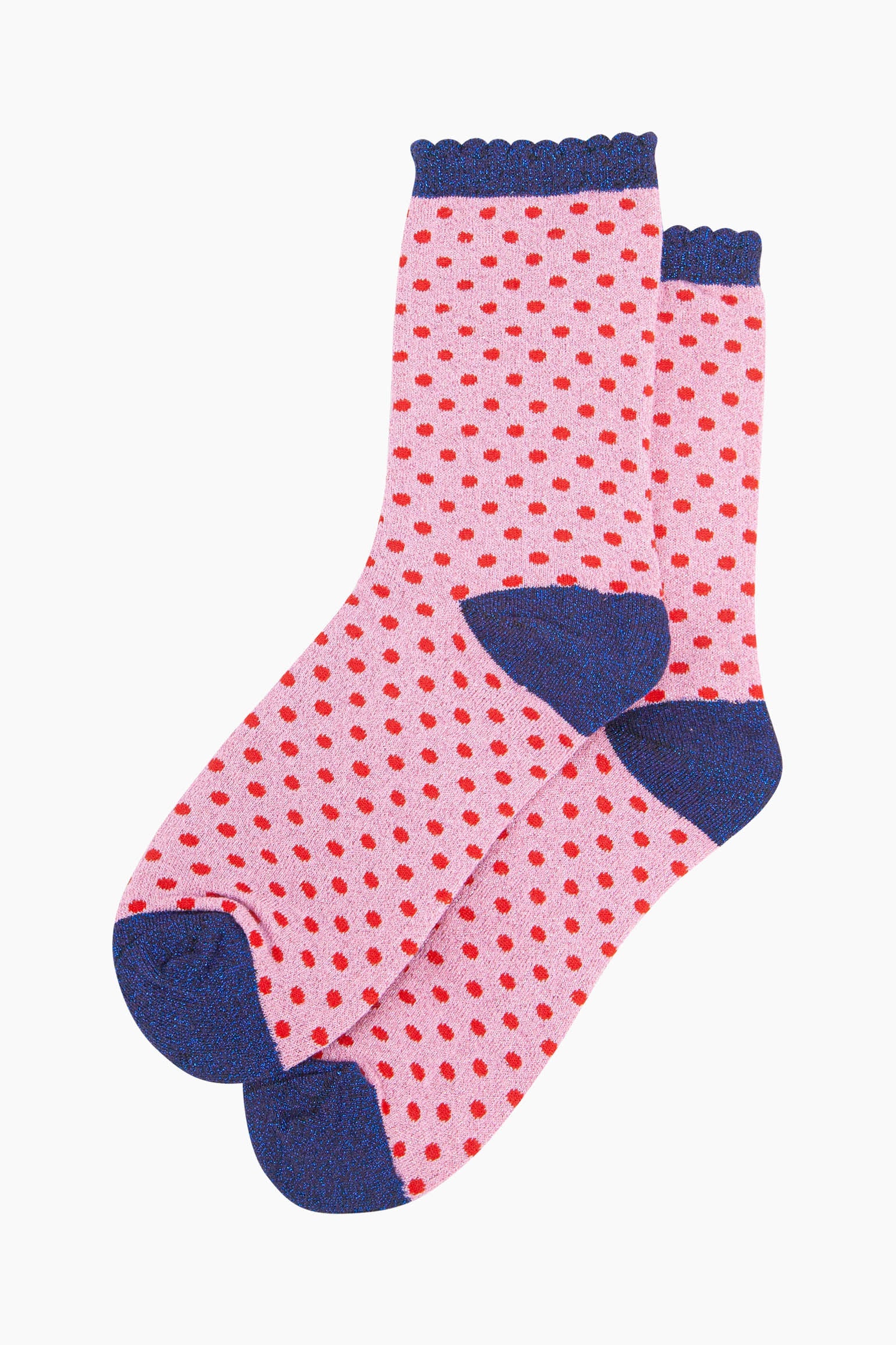 womens-glitter-socks-pink-red-polka-dots-cotton-ankle-laying-flat-sparkly