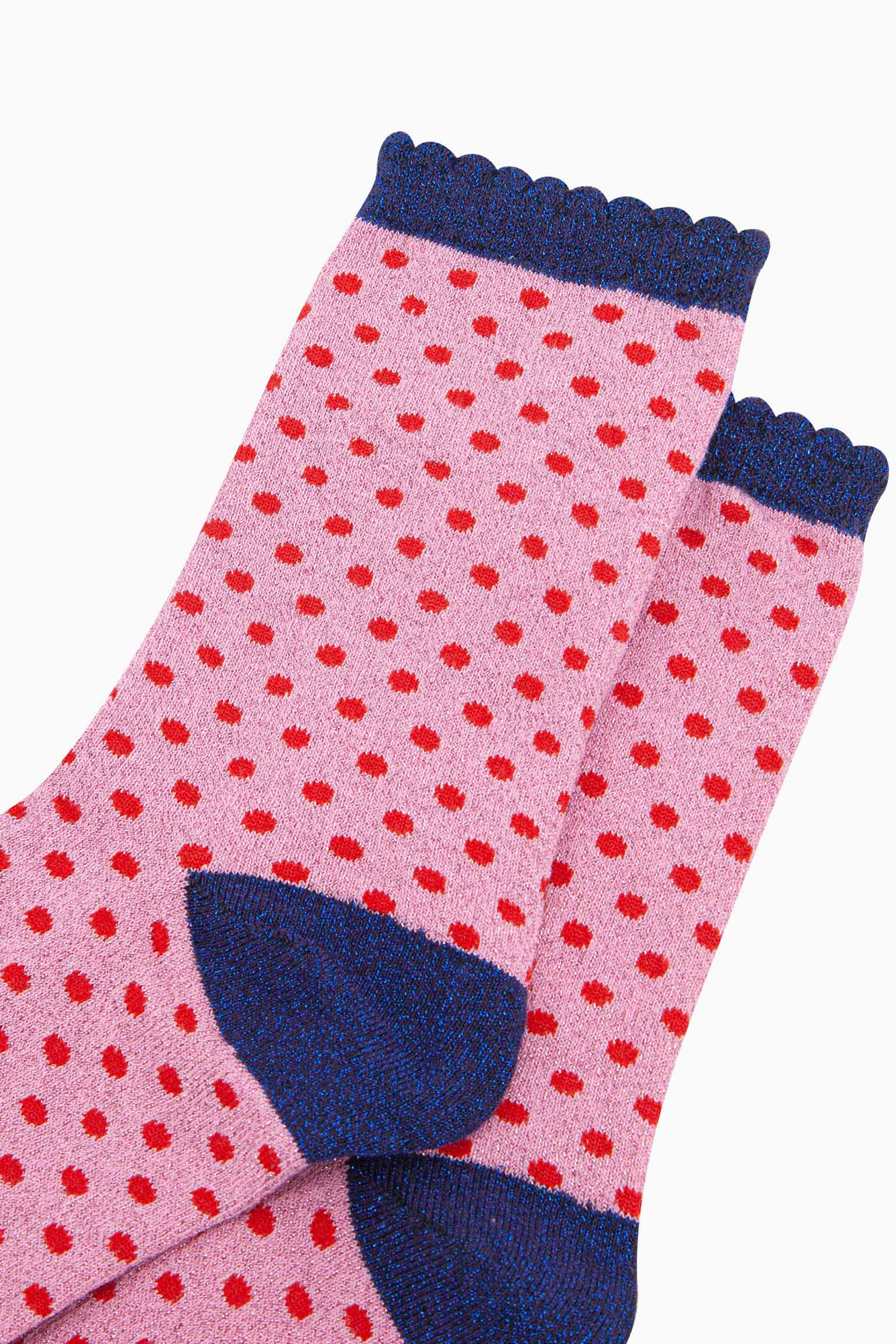 womens-glitter-socks-pink-red-polka-dots-close-up-sparkly-material-spotted-pattern-scalloped-cuffs