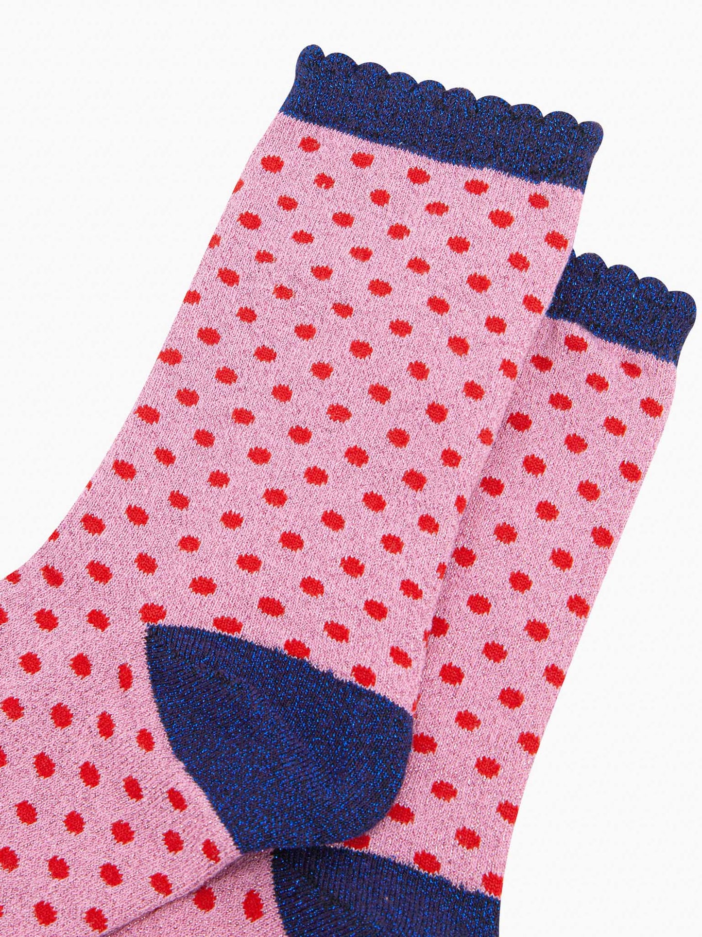 womens-glitter-socks-pink-red-polka-dots-close-up-sparkly-material-spotted-pattern-scalloped-cuffs