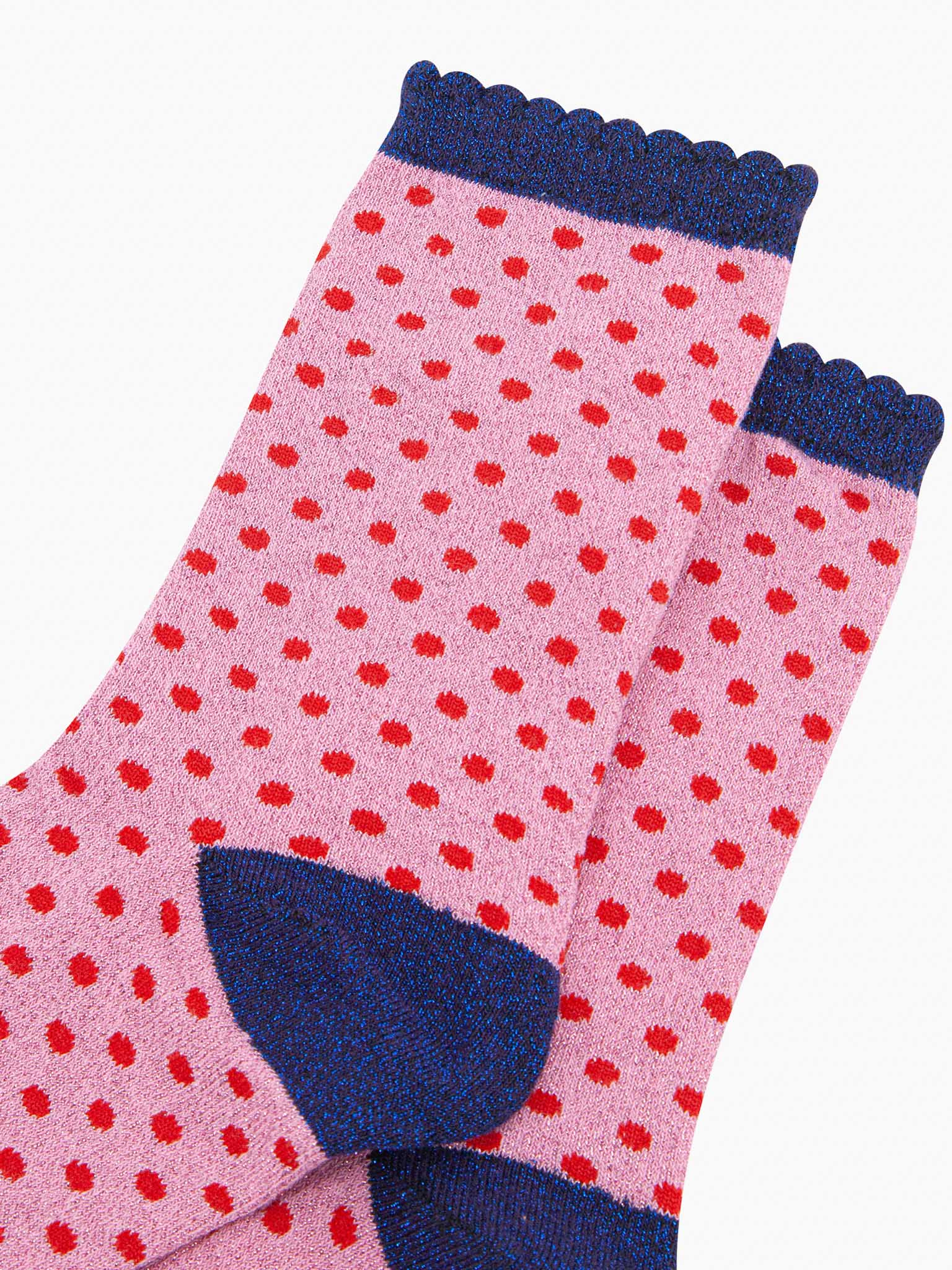 womens-glitter-socks-pink-red-polka-dots-close-up-sparkly-material-spotted-pattern-scalloped-cuffs