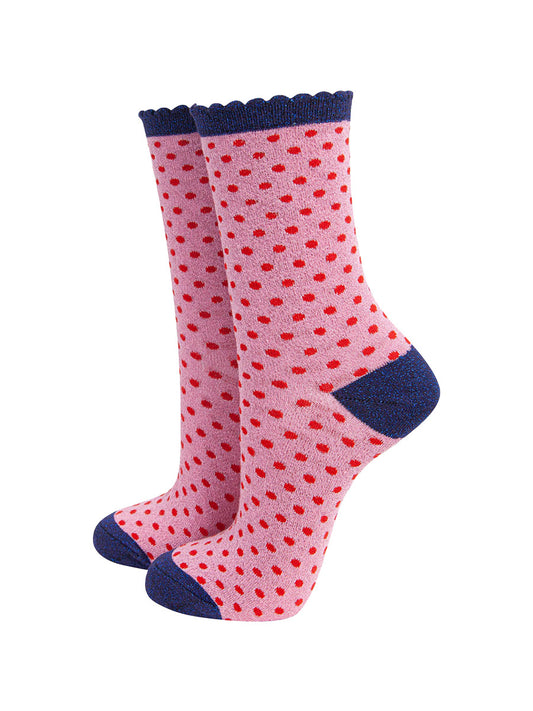 womens-glitter-socks-pink-red-polka-dots-sparkly-frilly-scalloped-cuffs