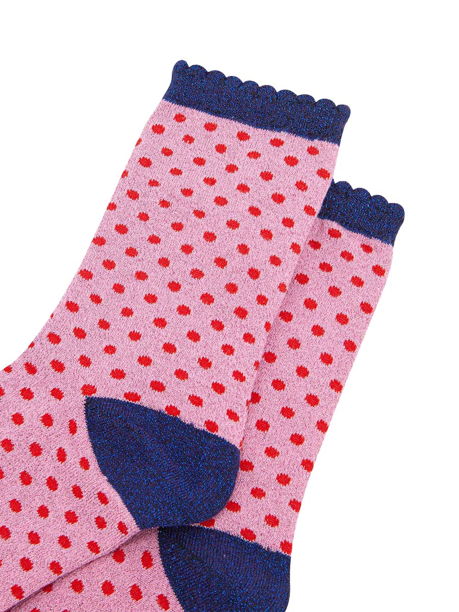 womens-glitter-socks-pink-red-polka-dots-close-up-sparkly-material-spotted-pattern-scalloped-cuffs