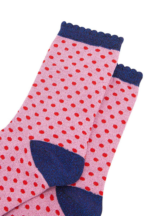 womens-glitter-socks-pink-red-polka-dots-close-up-sparkly-material-spotted-pattern-scalloped-cuffs