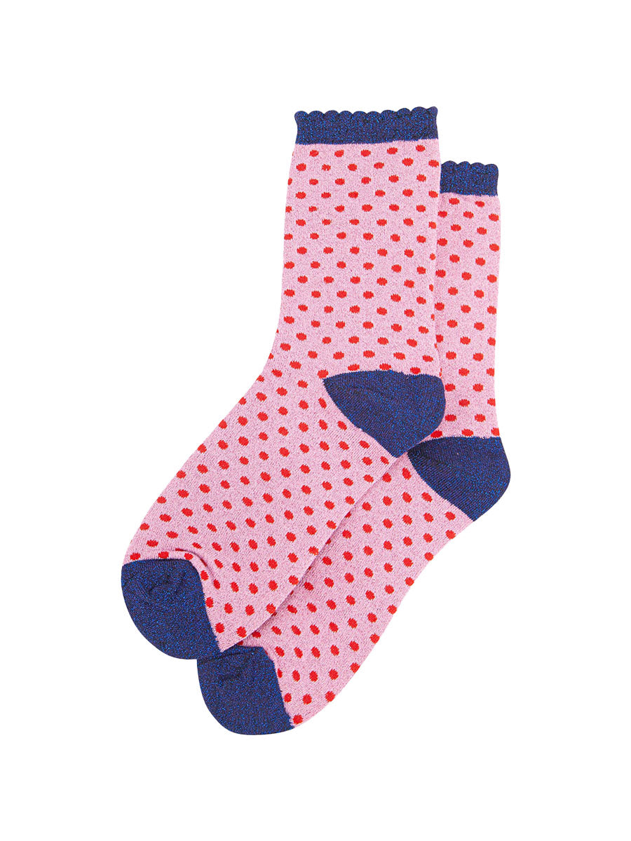womens-glitter-socks-pink-red-polka-dots-cotton-ankle-laying-flat-sparkly