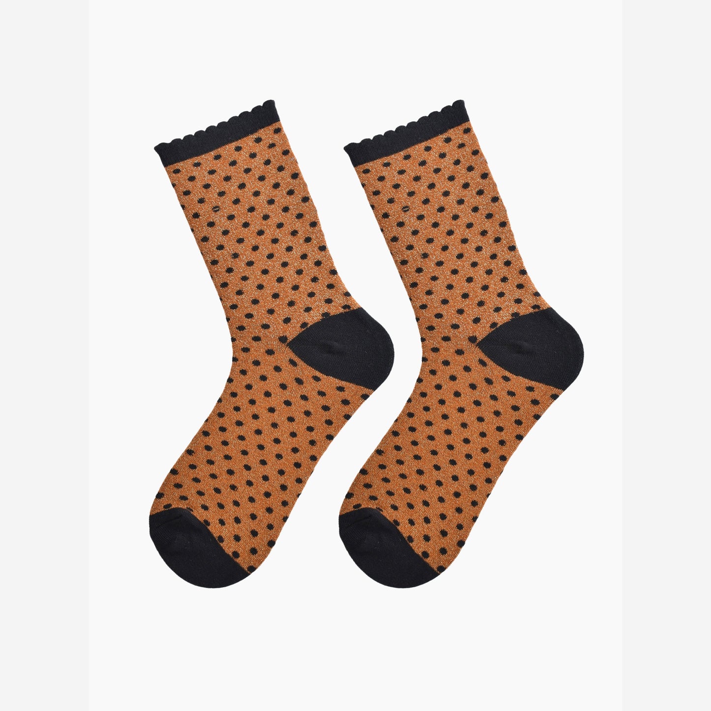 orange and black polka dot socks laying flat, showing the all over glitter sparkle