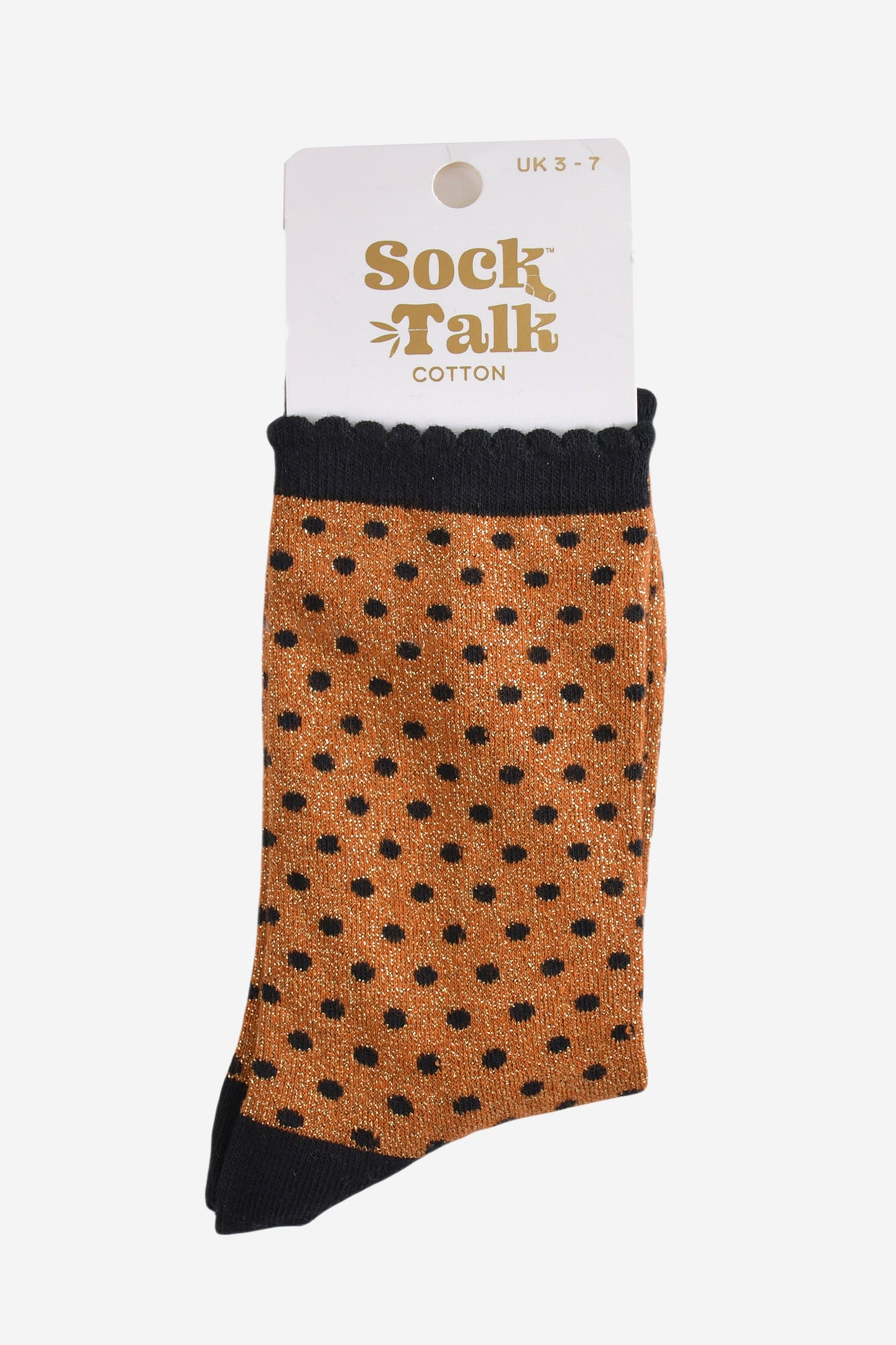 orange and black polka dot glitter socks in their sock talk packaging, the socks are a uk size 3-7