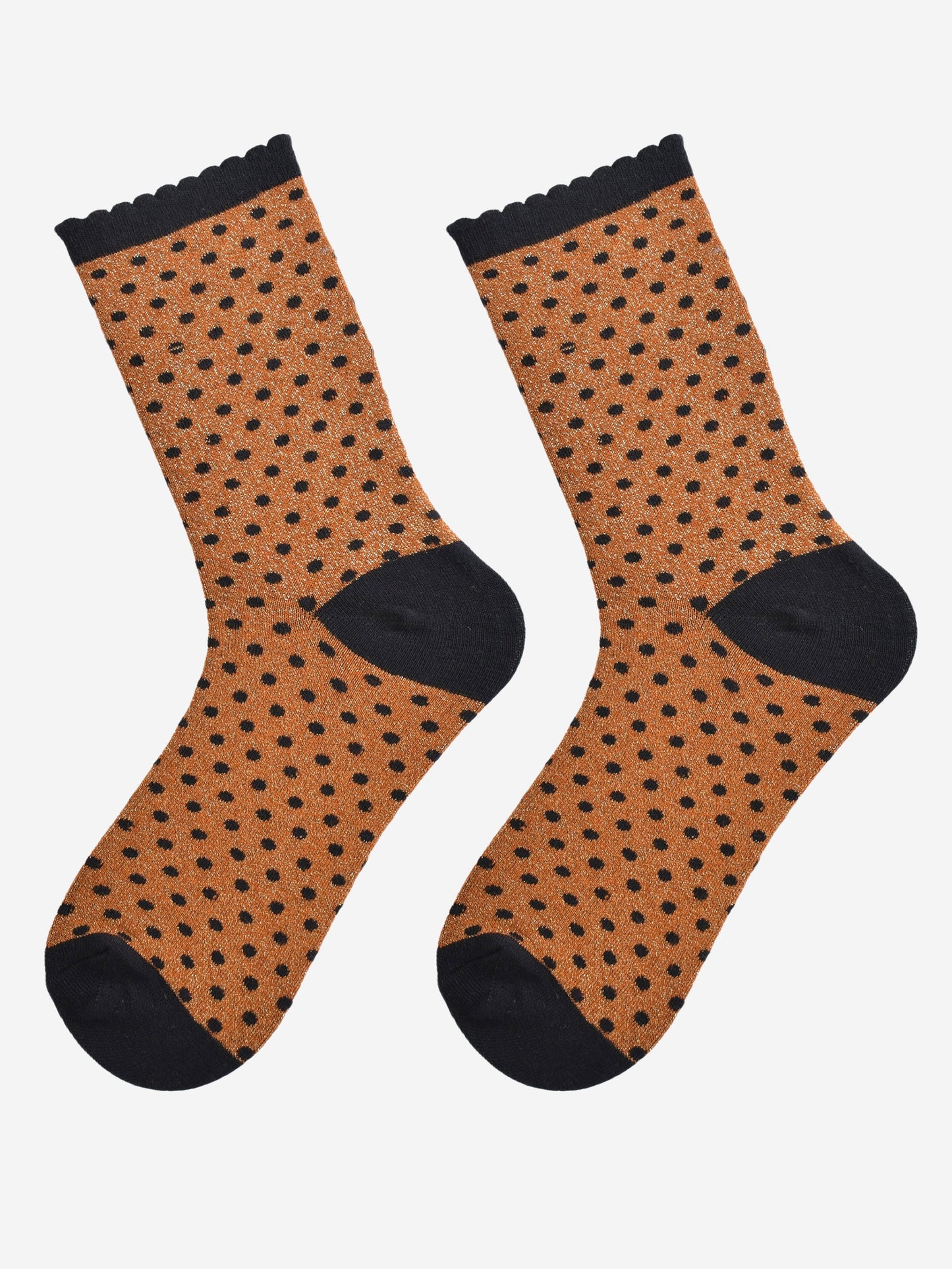 orange and black polka dot socks laying flat, showing the all over glitter sparkle