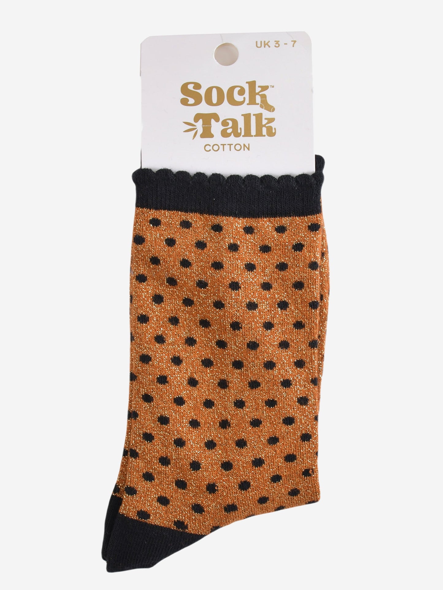 orange and black polka dot glitter socks in their sock talk packaging, the socks are a uk size 3-7