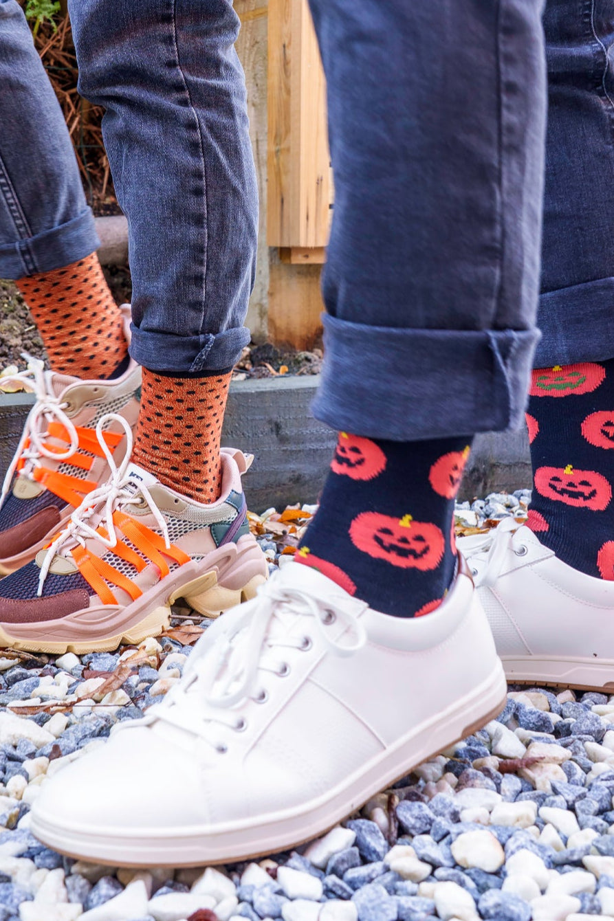 Women's Glitter Socks - Pumpkin/Black, Small Polka Dot