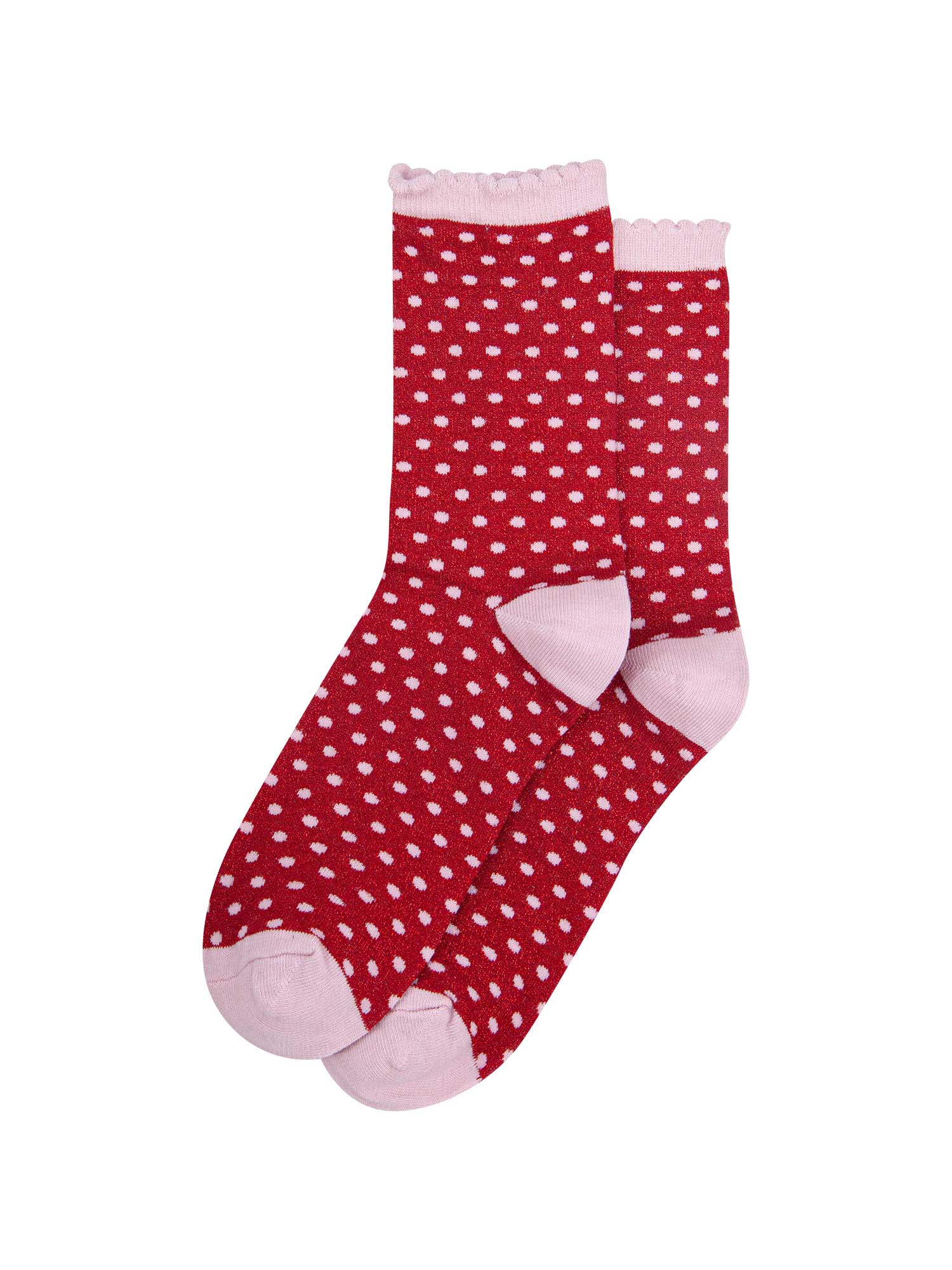 womens-red-pink-polka-dots-glitter-socks-laying-flat