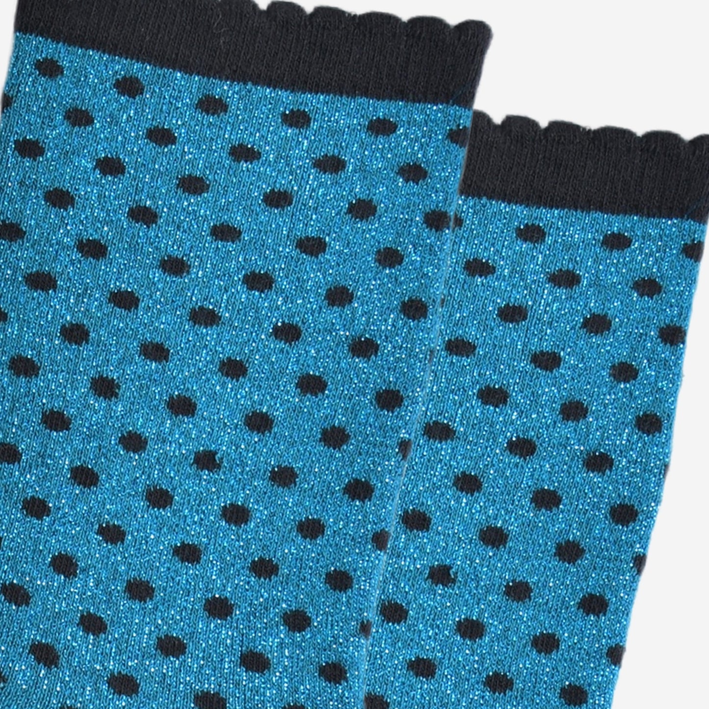 close up of the sparkly polka dot socks, showing the all over shimmer