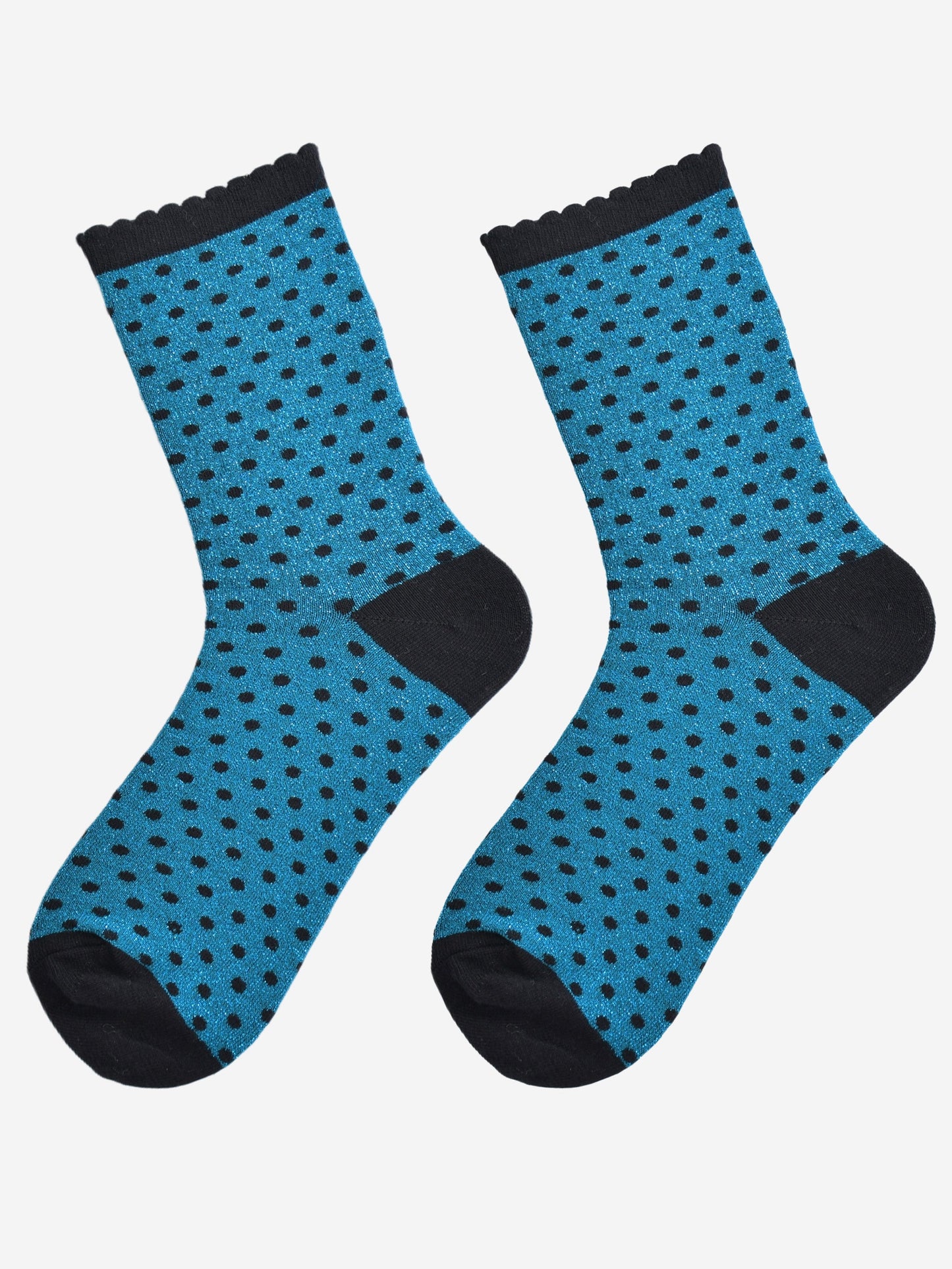 teal and black polka dot socks laying flat, showing the all over glitter sparkle