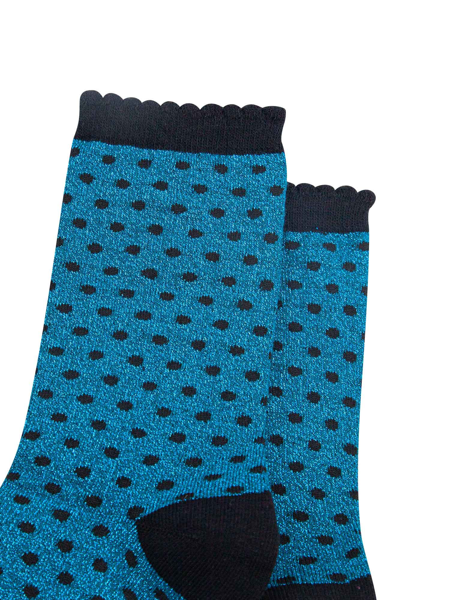 close up of the sparkly polka dot socks, showing the all over shimmer