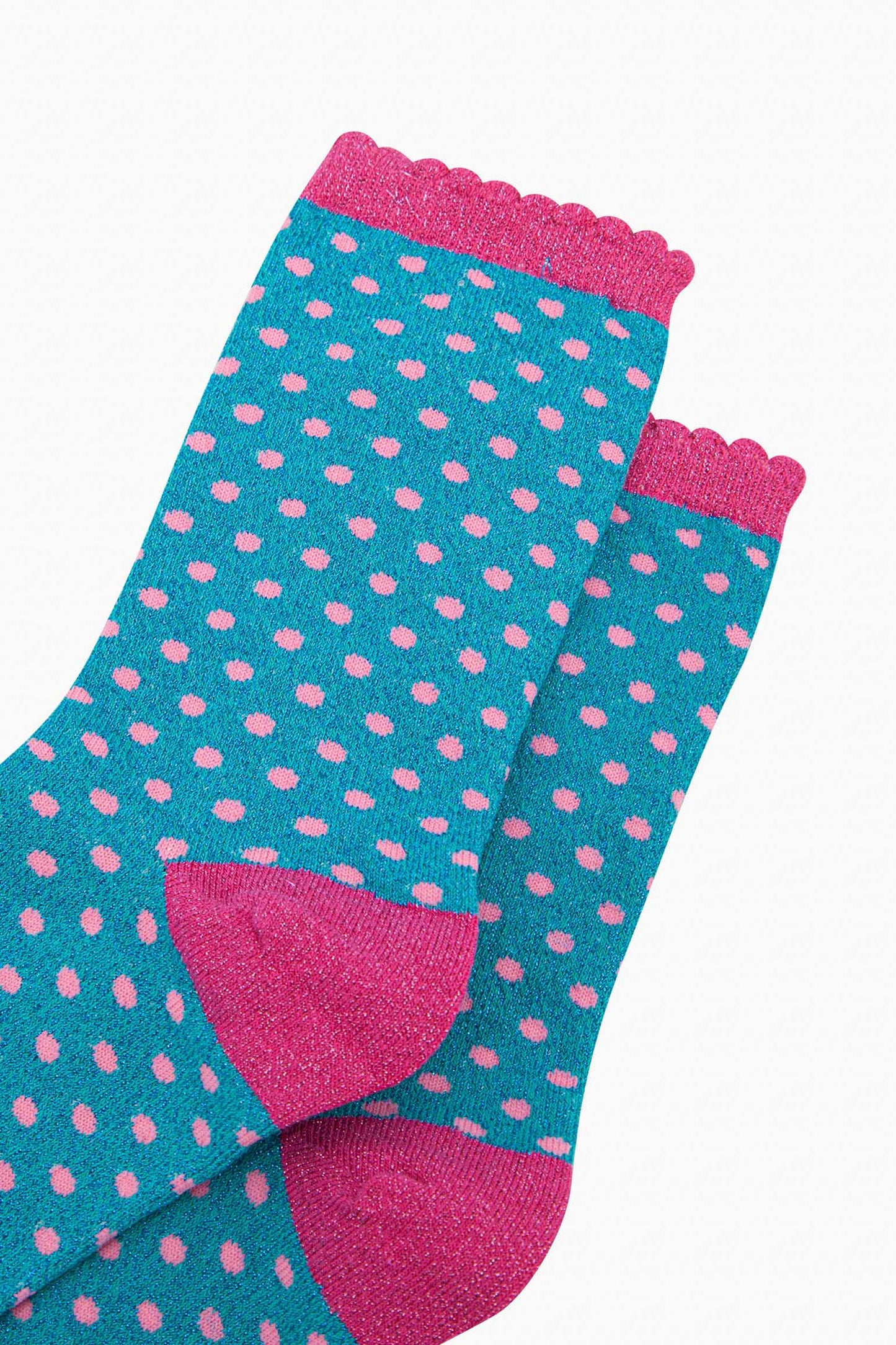 womens-glitter-socks-turquoise-hot-pink-polka-dots-close-up-sparkly-material-spotty-pattern-frilled-cuffs