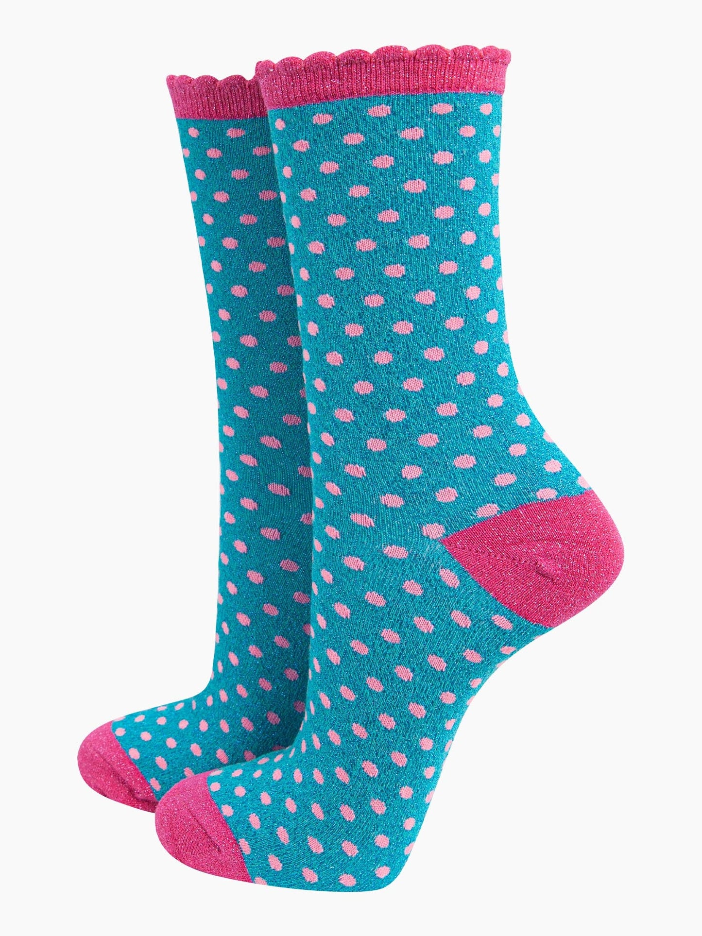 womens-glitter-socks-turquoise-hot-pink-polka-dots-frilly-cuff-sparkly-material-spots