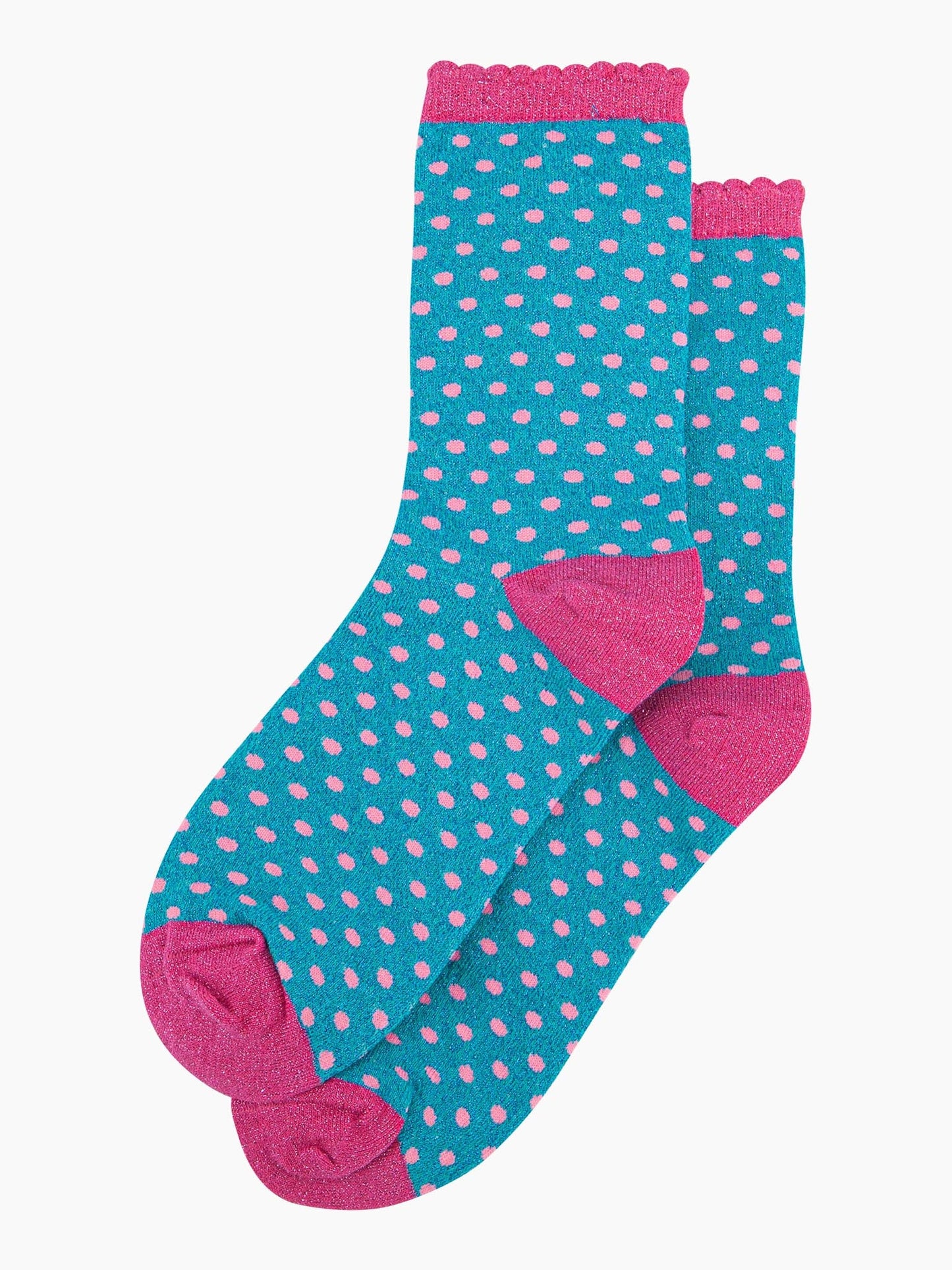 womens-glitter-socks-turquoise-hot-pink-polka-dots-laying-flat-sparkly-scalloped-cuffs-cotton