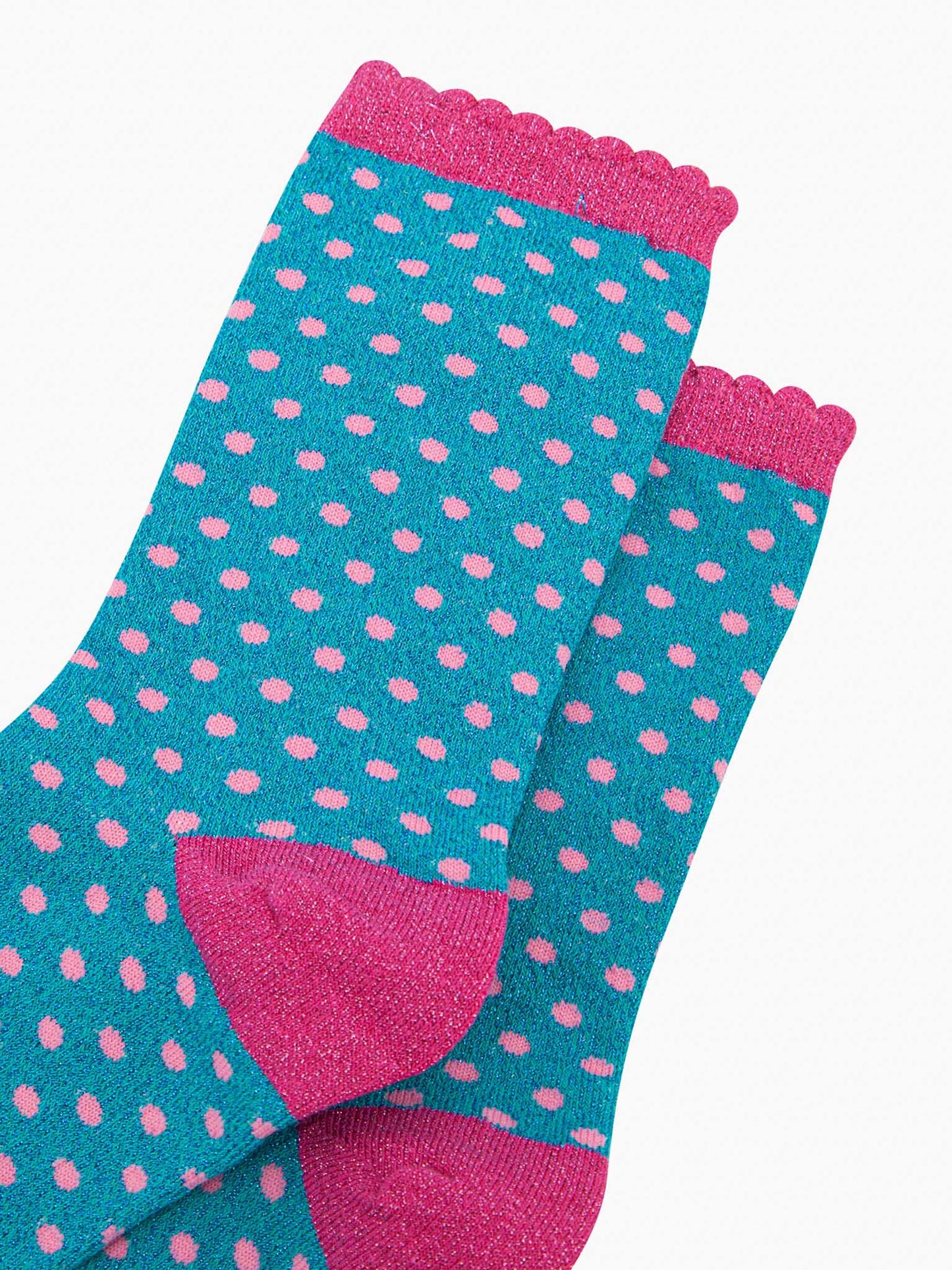 womens-glitter-socks-turquoise-hot-pink-polka-dots-close-up-sparkly-material-spotty-pattern-frilled-cuffs