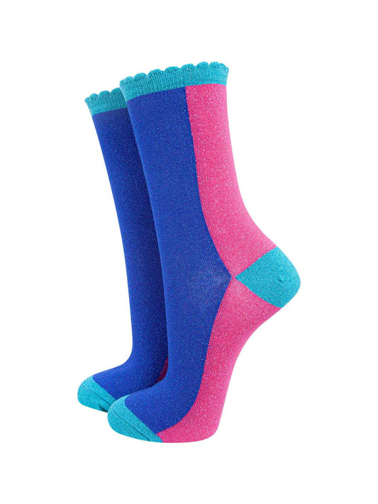 blue and pink colour block all over glitter socks with blue scaloped edge