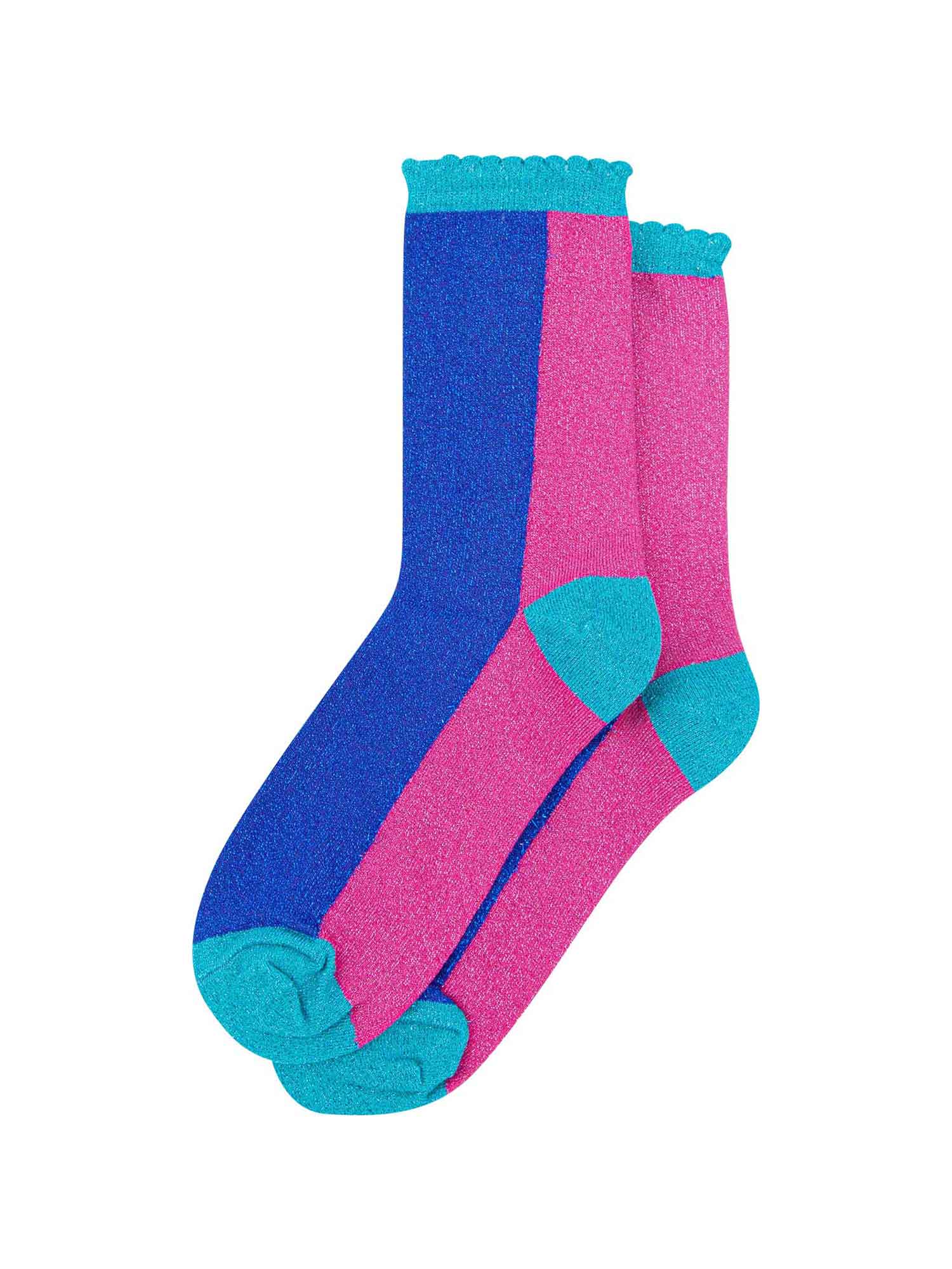 blue and pink sparkly ankle socks with scalloped edges
