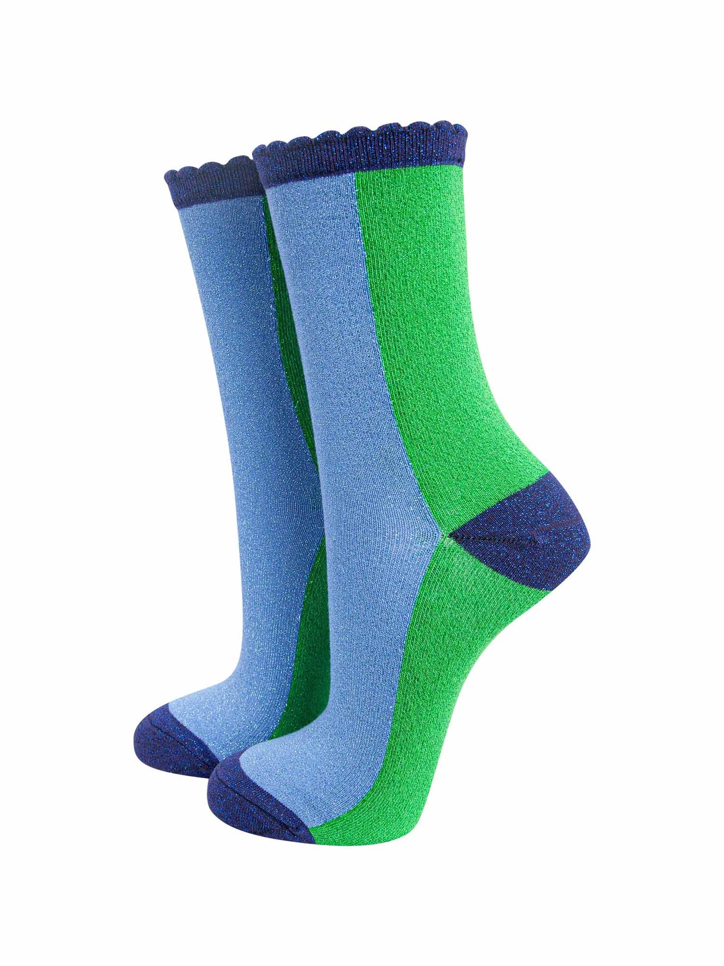 ladies glitter ankle socks with a blue scalloped glitter trim and light blue and green colour block design